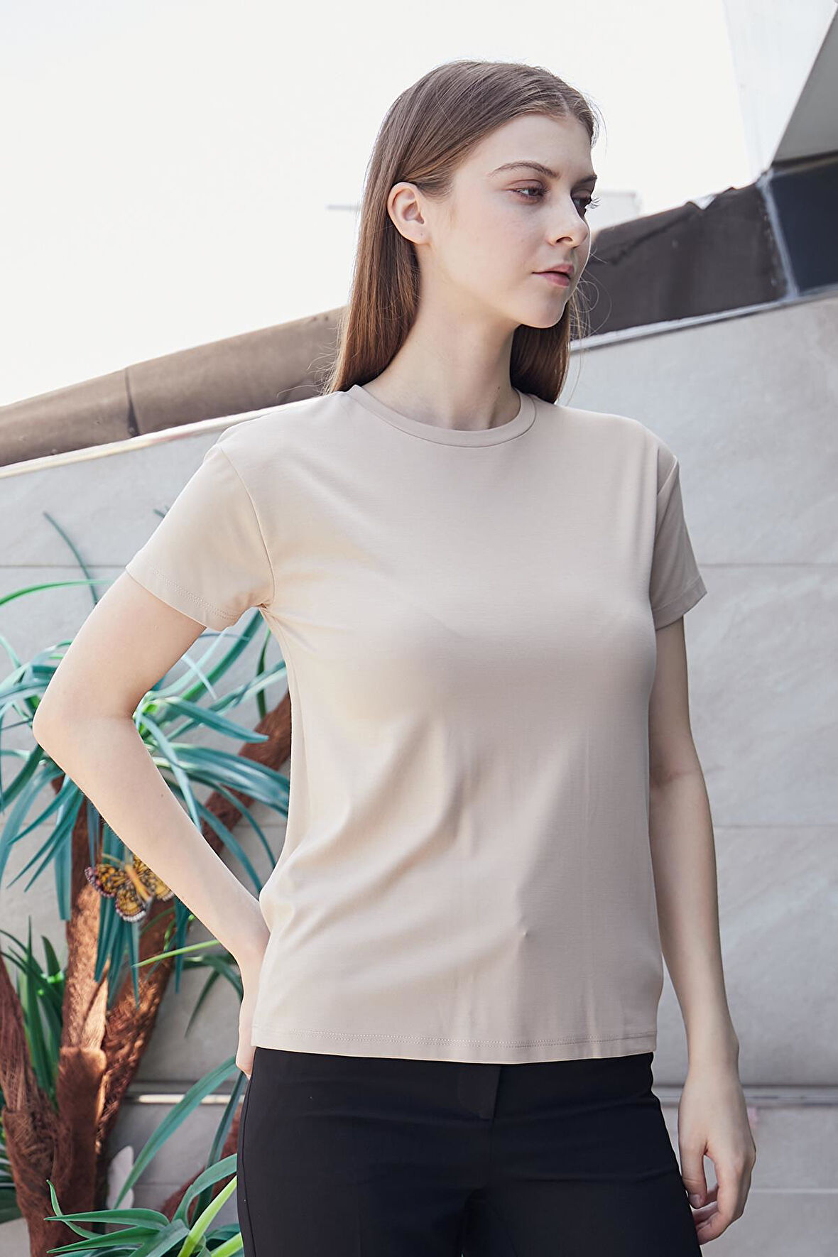 Kadın Sıfır Yaka Kırışmaz Span Karışımlı Şık Kısa Kol Likralı T-shirt Bluz-Koyu Bej 