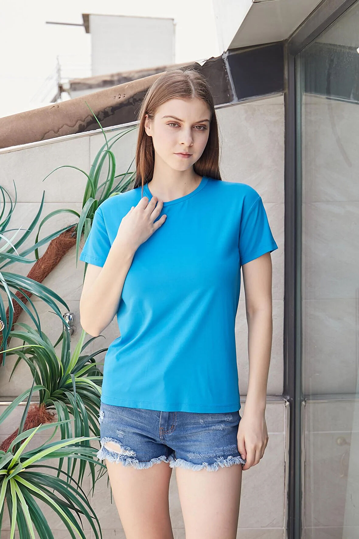 Kadın Sıfır Yaka Kırışmaz Span Karışımlı Şık Kısa Kol Likralı T-shirt Bluz-Mavi 