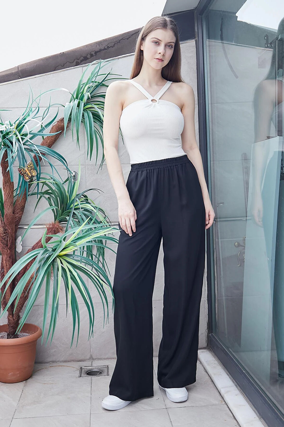 %100  Iyocell Akıcı Şık Kumaş Yüksek Bel Beli Lastikli Yan Cepli Bol Paça Pantolon -Siyah 