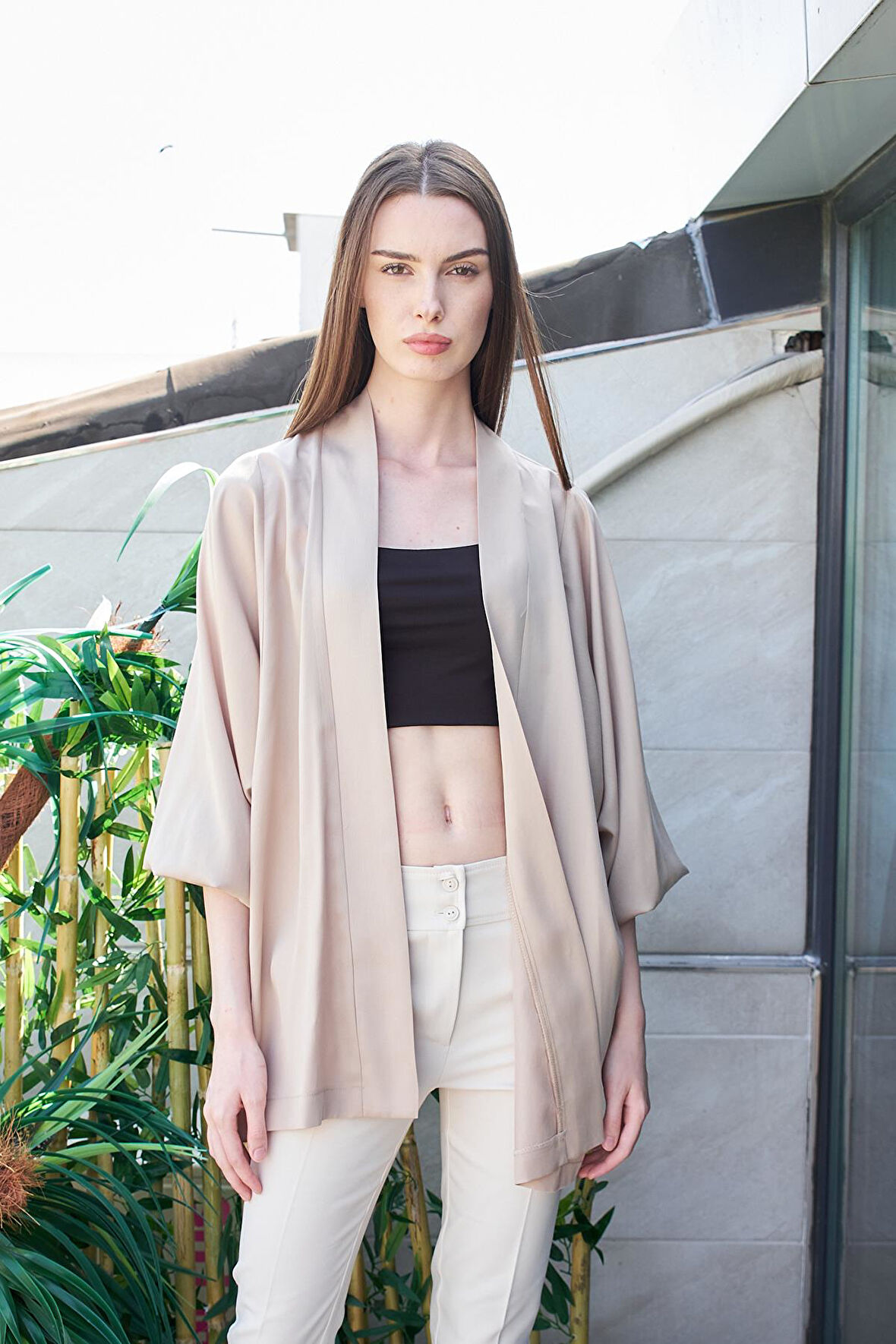 %100  Iyocell Akıcı Şık Kumaş Dökümlü Yazlık Şık Hırka(Pantolon Jument 40080)-Taş