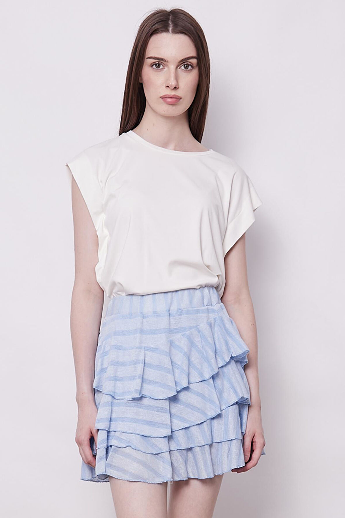 Fırfırlı Desenli Yazlık Kumaş Çizgili Dizüstü Mykonos Etek-Mavi Çizgi