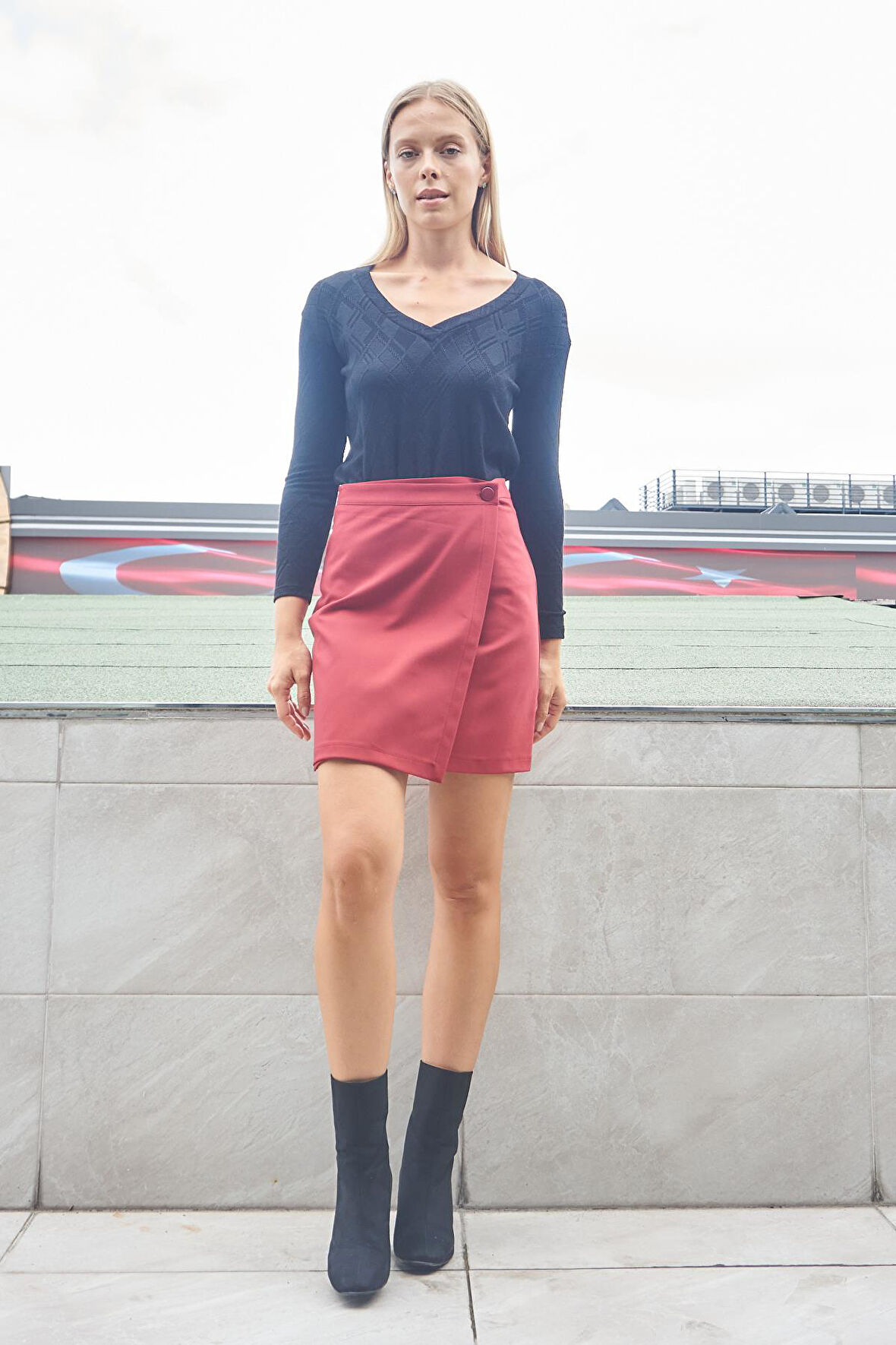 Kadın Yüksek Bel Kruvaze Model Hafif Likralı Şık Kumaş Ofis Kalem Etek-Bordo