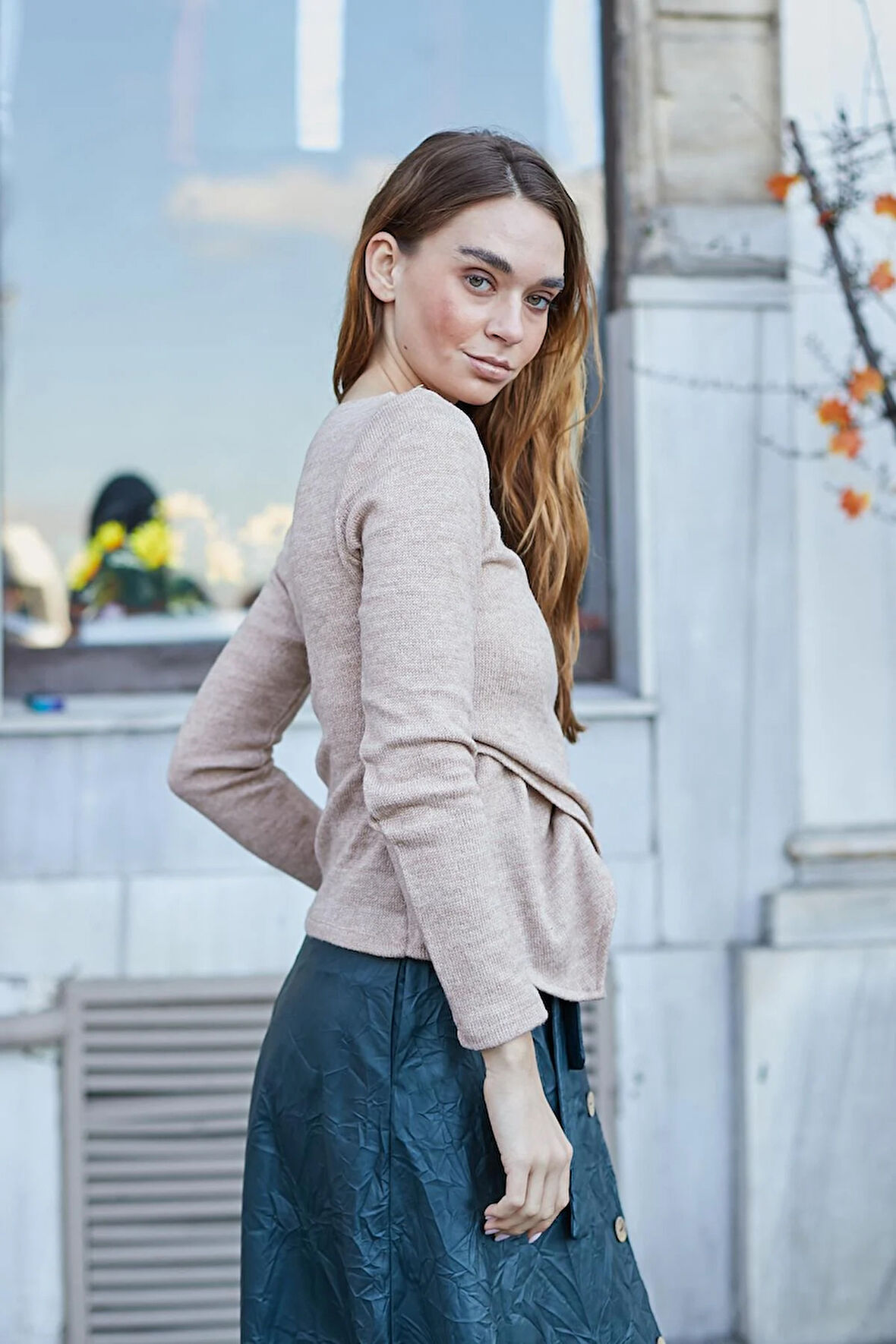 Kadın Kruvaze Uzun Kol Hafif Esnek Triko Kazak Bluz-Bej