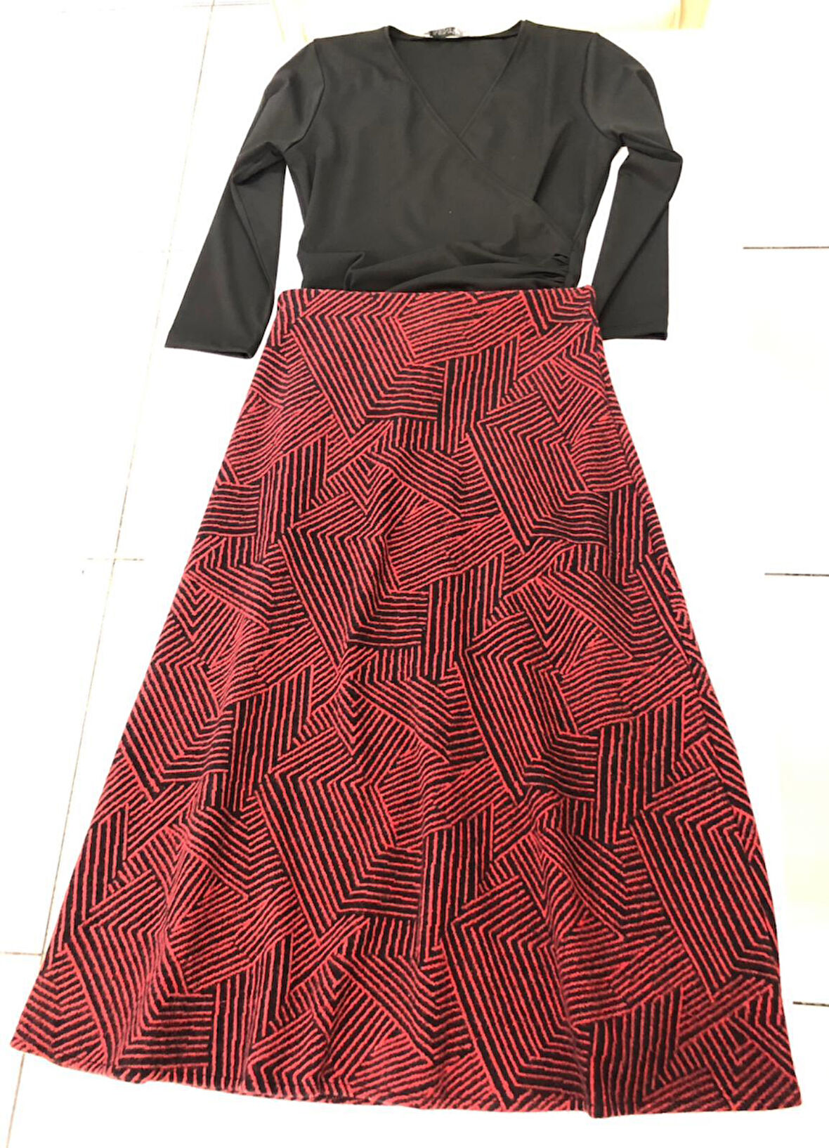 Kadın Kışlık Yünlü Jakarlı Hafif Likralı Kumaş Yüksek Bel Uzun Çan Etek-Bordo Çizgi 