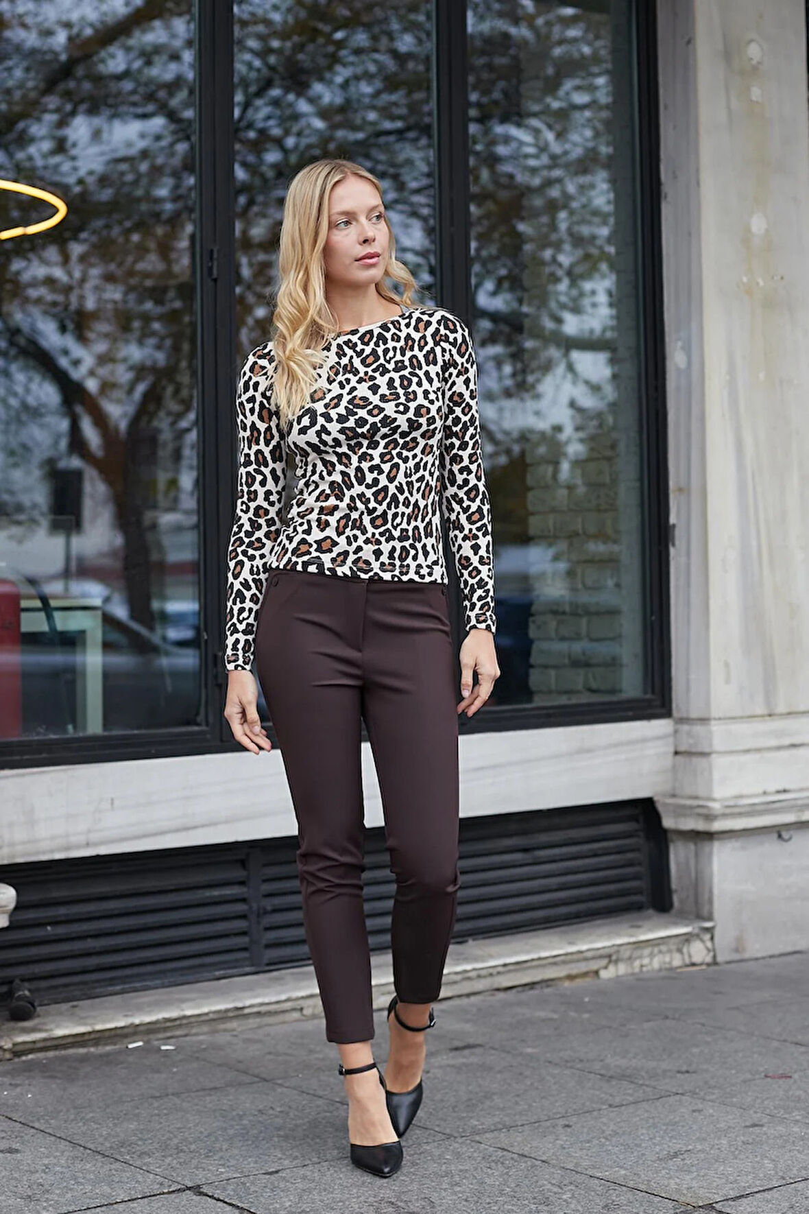 Kadın Likralı Kaşkorse Kayık Yaka Uzun Kol Body Bluz-Bej Leopar