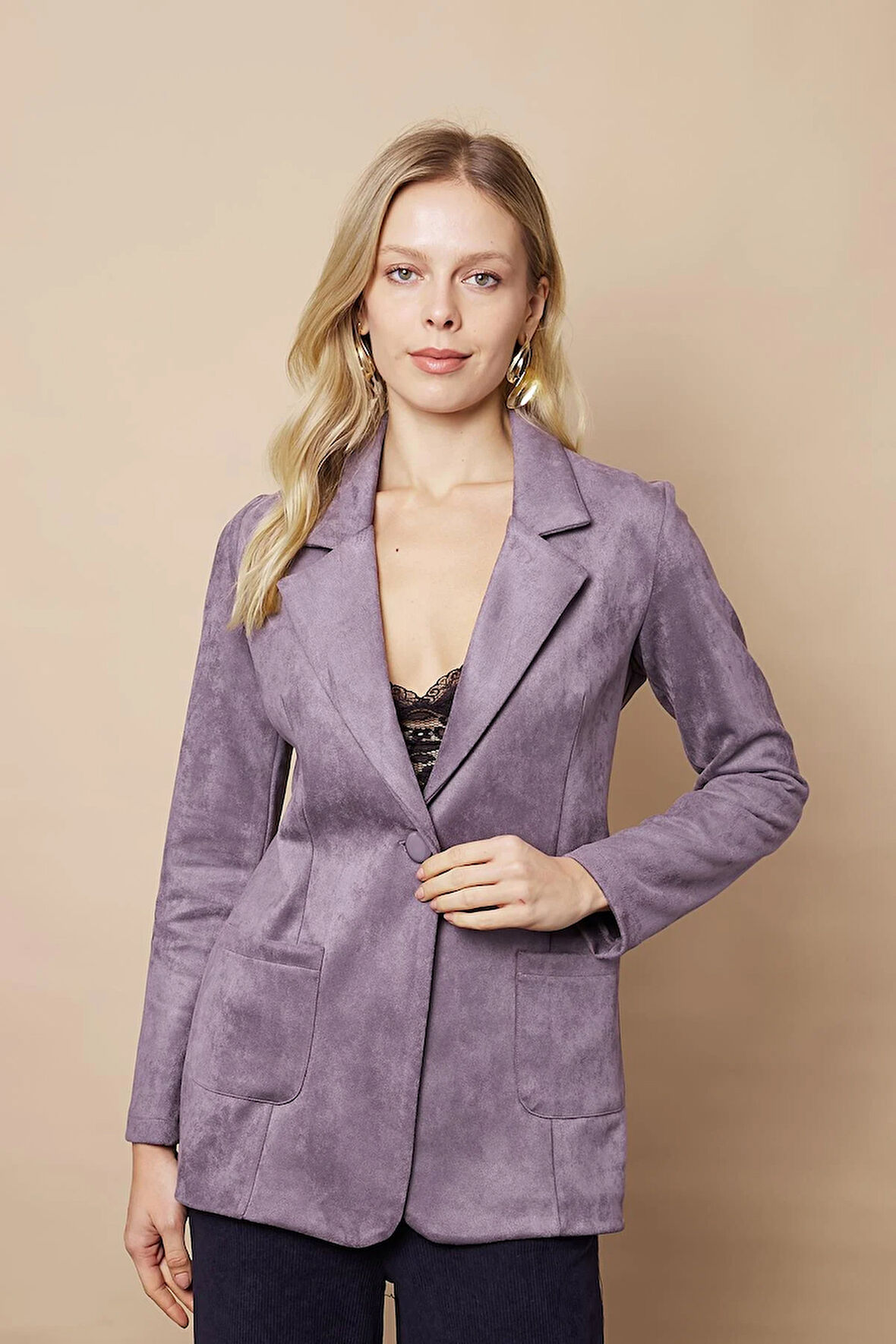 Kadın Hafif Likralı Süet Kumaş Cep Detaylı Düğmeli Şık Blazer Hafif Uzun Ceket-Gri