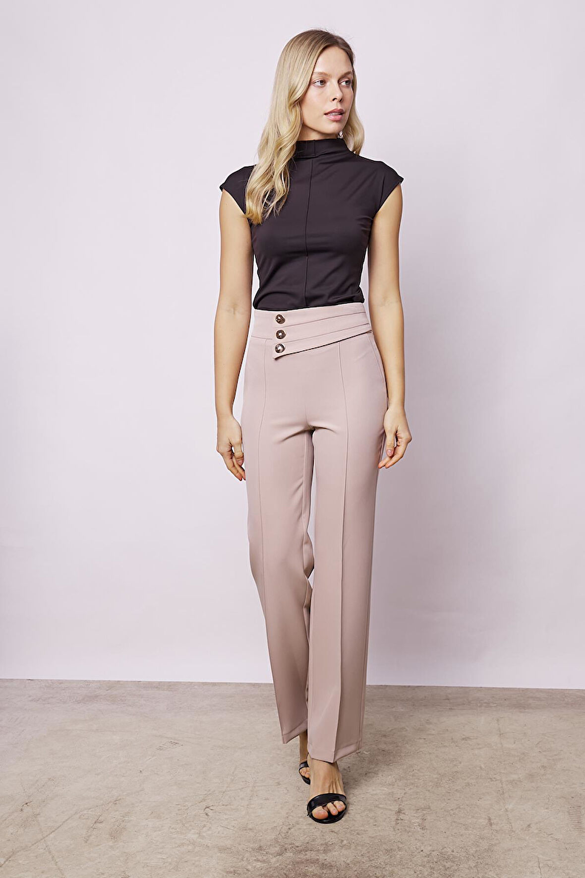 Kadın Yüksek Bel Önü Dikişli Kemeri Düğmeli Rahat Paça Hafif Likralı Kumaş Ofis Pantolon-Taş