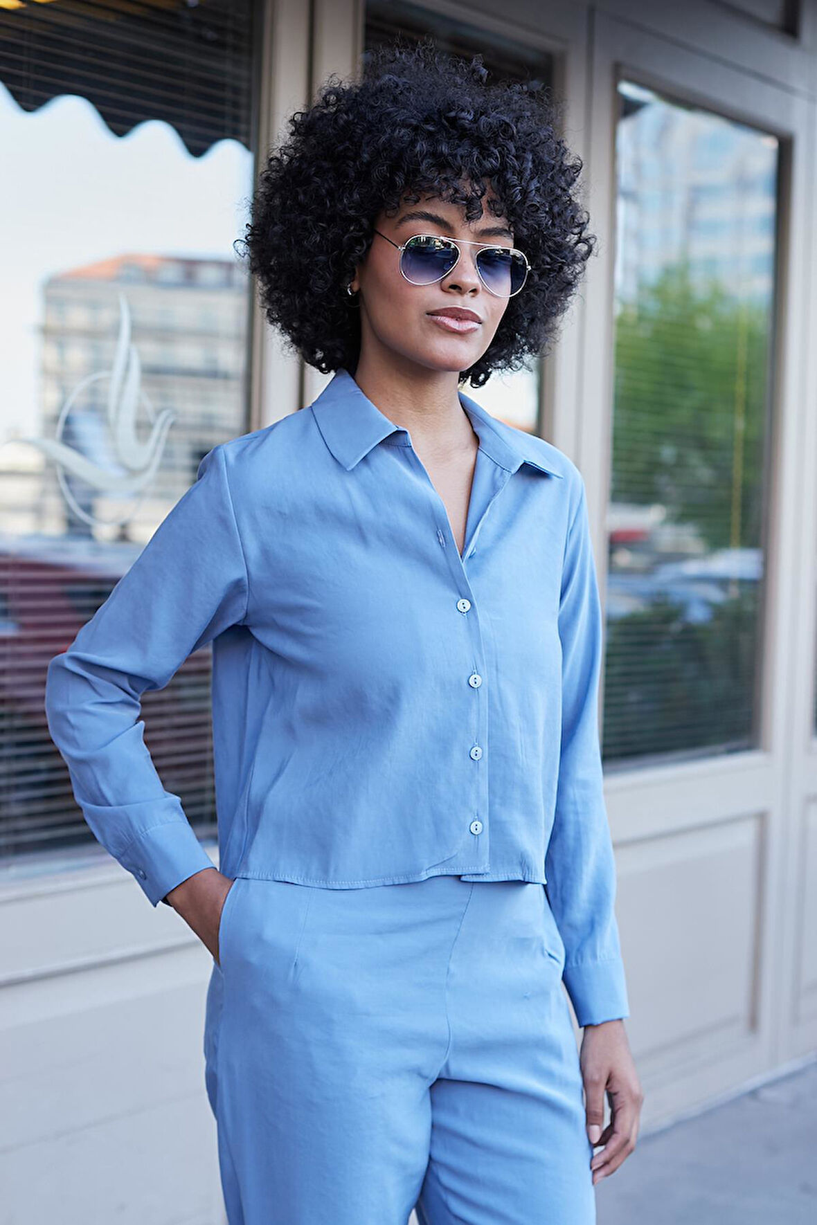 Kadın Likrasız Modal Kumaş Uzun Kol Hafif Kısa Gömlek-İndigo