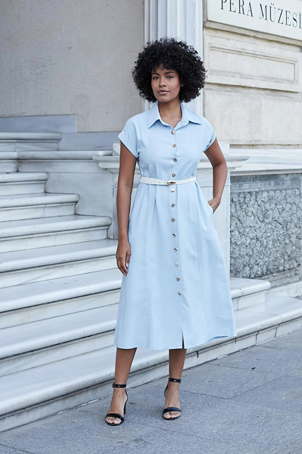 Kadın Twill Modal Yakalı Düşük Omuzlu Duble Kol  Midi Boy Diz Altı Elbise(Deri Kemer Dahil)-Mavi