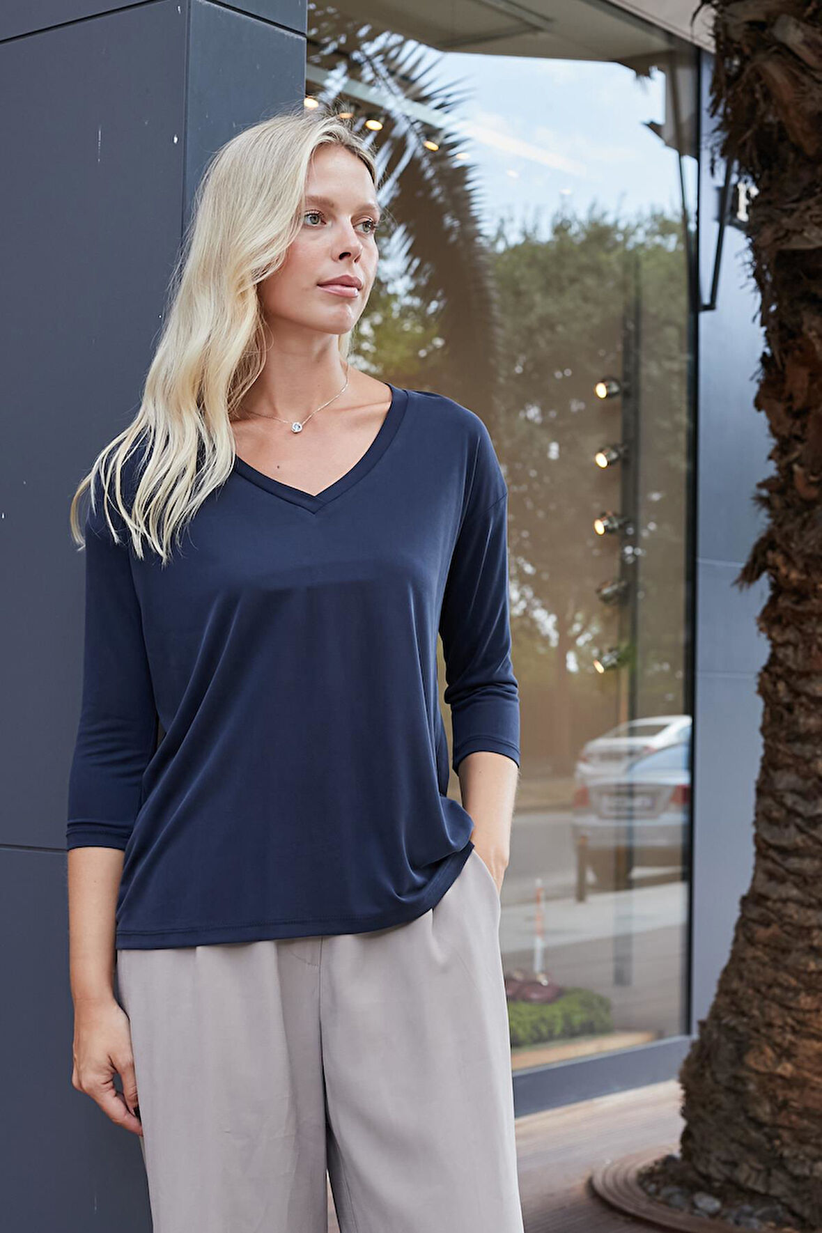Kadın Kaliteli Modal Esnek Kumaş V Yaka Düşük omuzlu Kapri Truvakar Kol Hafif Salaş Bluz-Lacivert