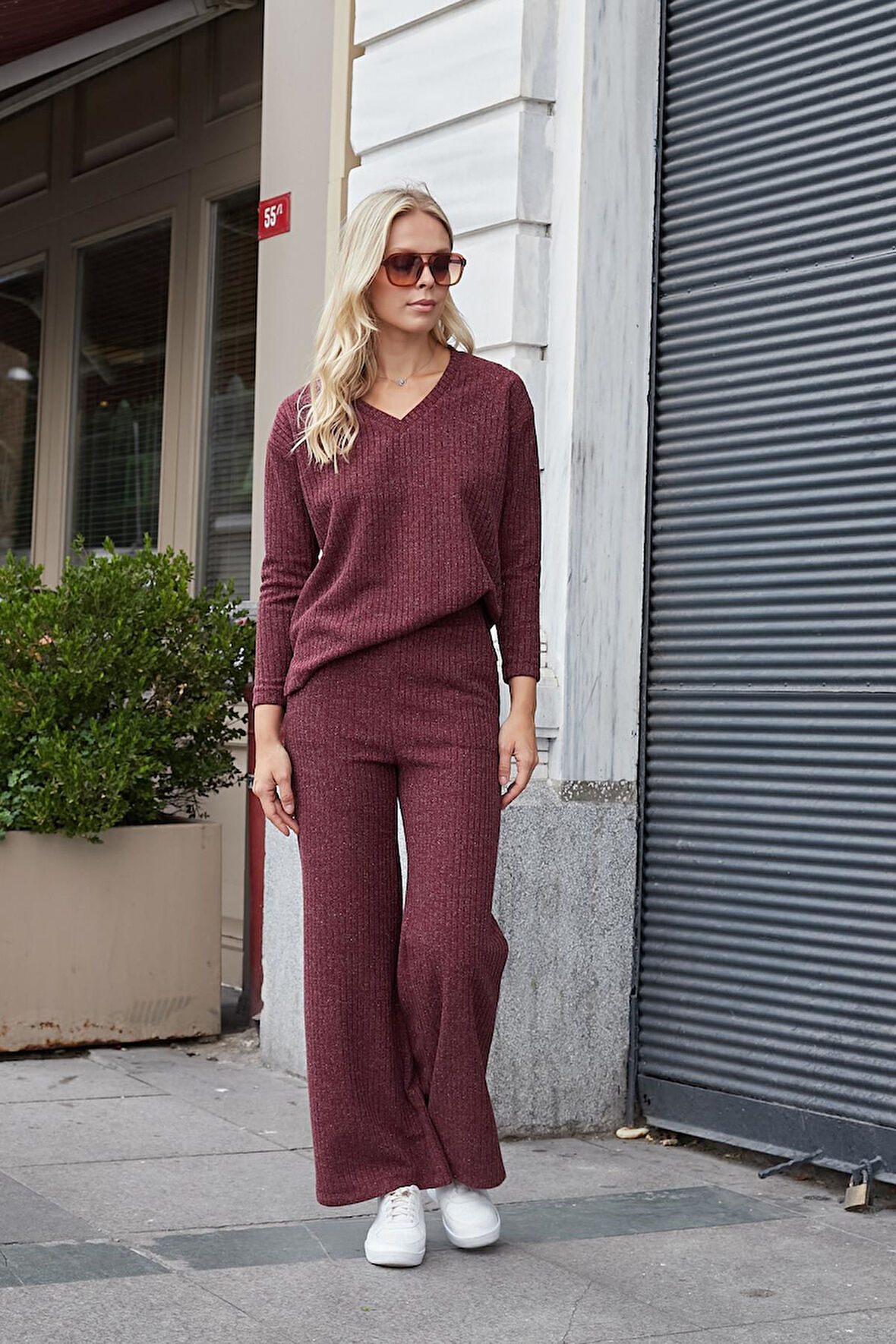 Kadın Simli Kaşkorse Yüksek Bel Yan Cepli Beli Lastikli Bol Paça Pantolon -Bordo 