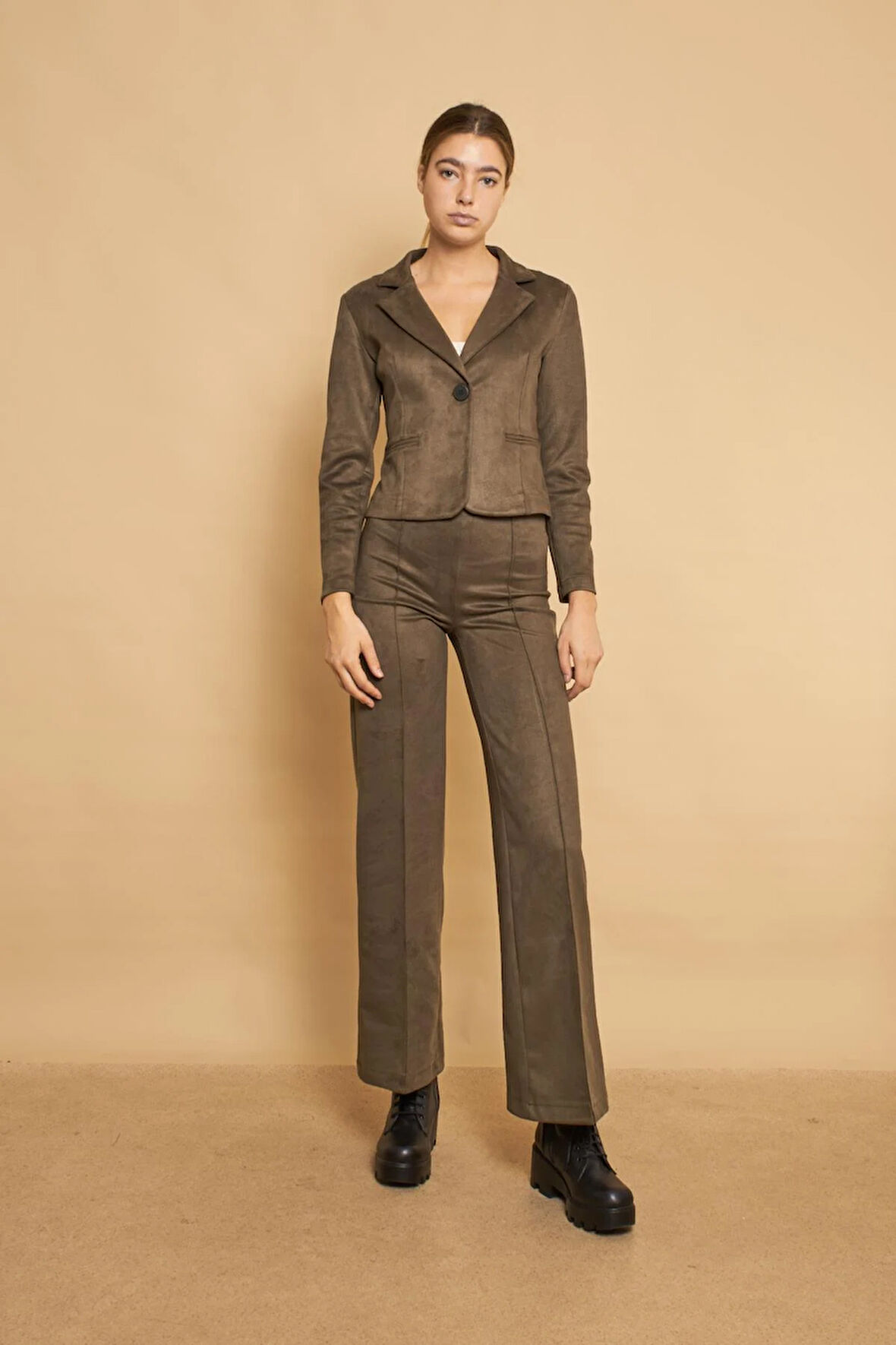 Palazzo Yüksek Bel Ön Dikişli Bol Paça Hafif Likralı Süet Kumaş Pantolon-Haki