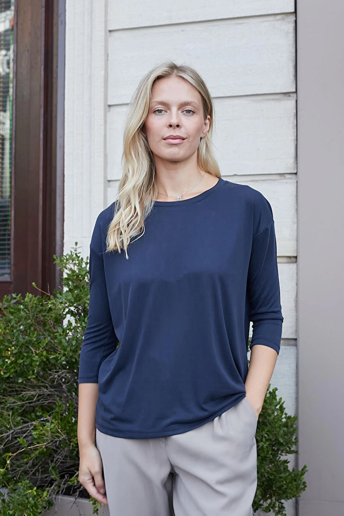 Kadın Kaliteli Modal Esnek Kumaş Geniş Sıfır Yaka Kapri Truvakar Kol Hafif Salaş Bluz-Lacivert