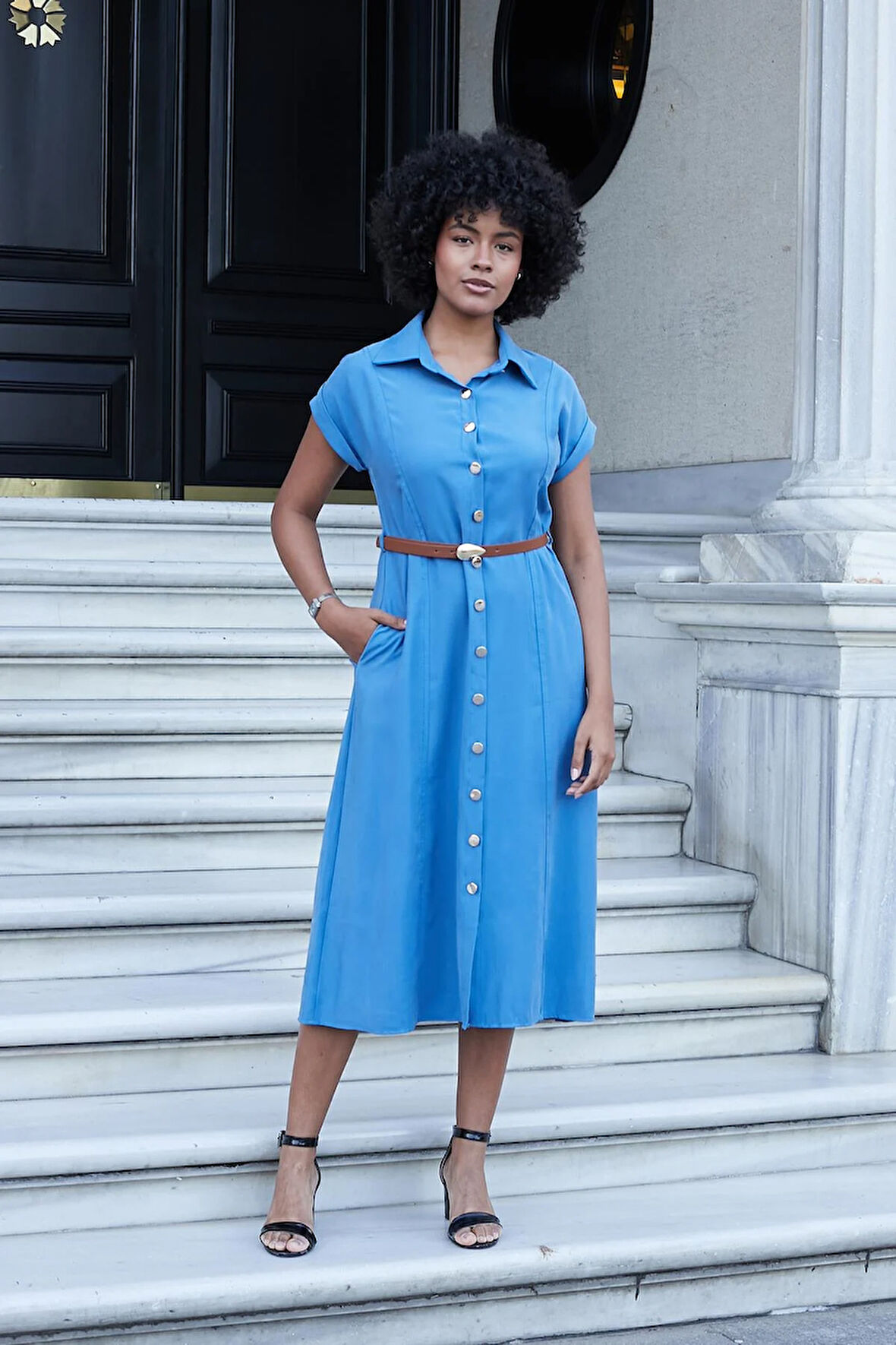 Kadın Twill Modal Yakalı Düşük Omuzlu Duble Kol Midi Boy Diz Altı Elbise(Deri Kemer Dahil)-İndigo