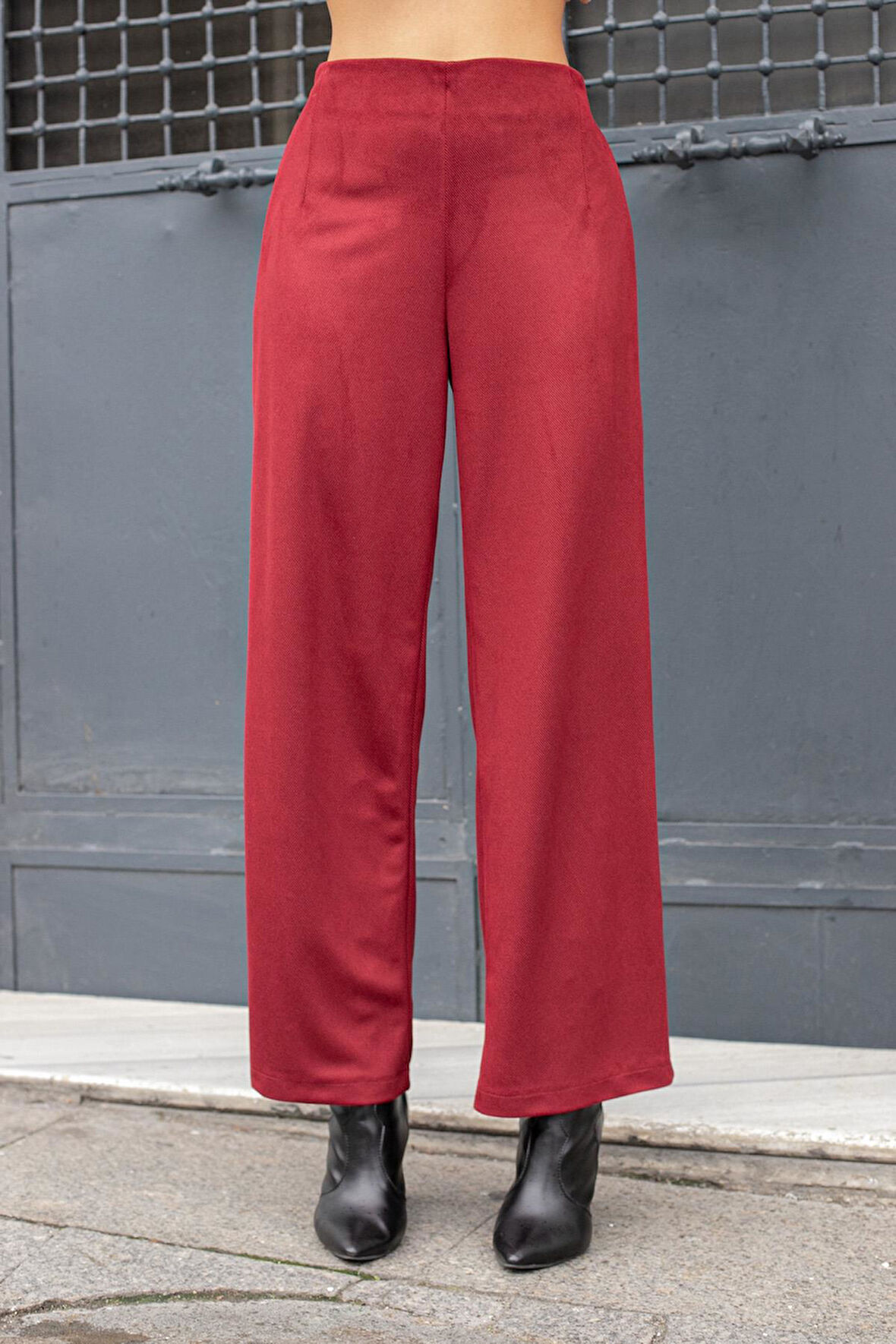 Kadın Süet Dokulu Kumaş Yüksek Bel Yan Cepli Beli Lastikli Bol Paça Palazzo Pantolon-Bordo 