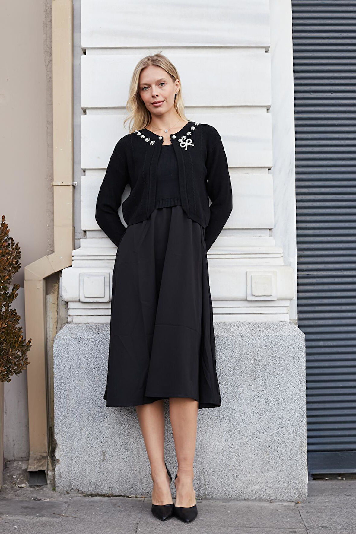 Kadın Triko Hırkalı Elbise-Siyah 