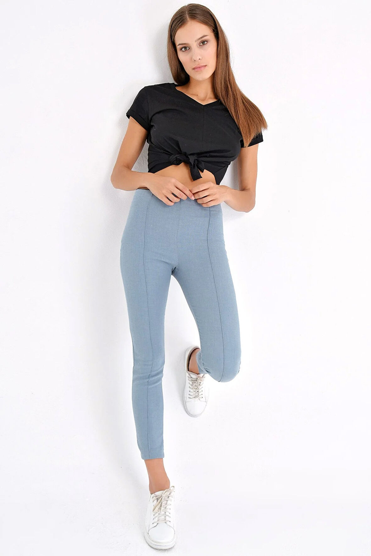 Power Strech Likralı Dar Kesim Yüksek Bel Beli Lastikli Bilek Boy Pantolon-Mavi