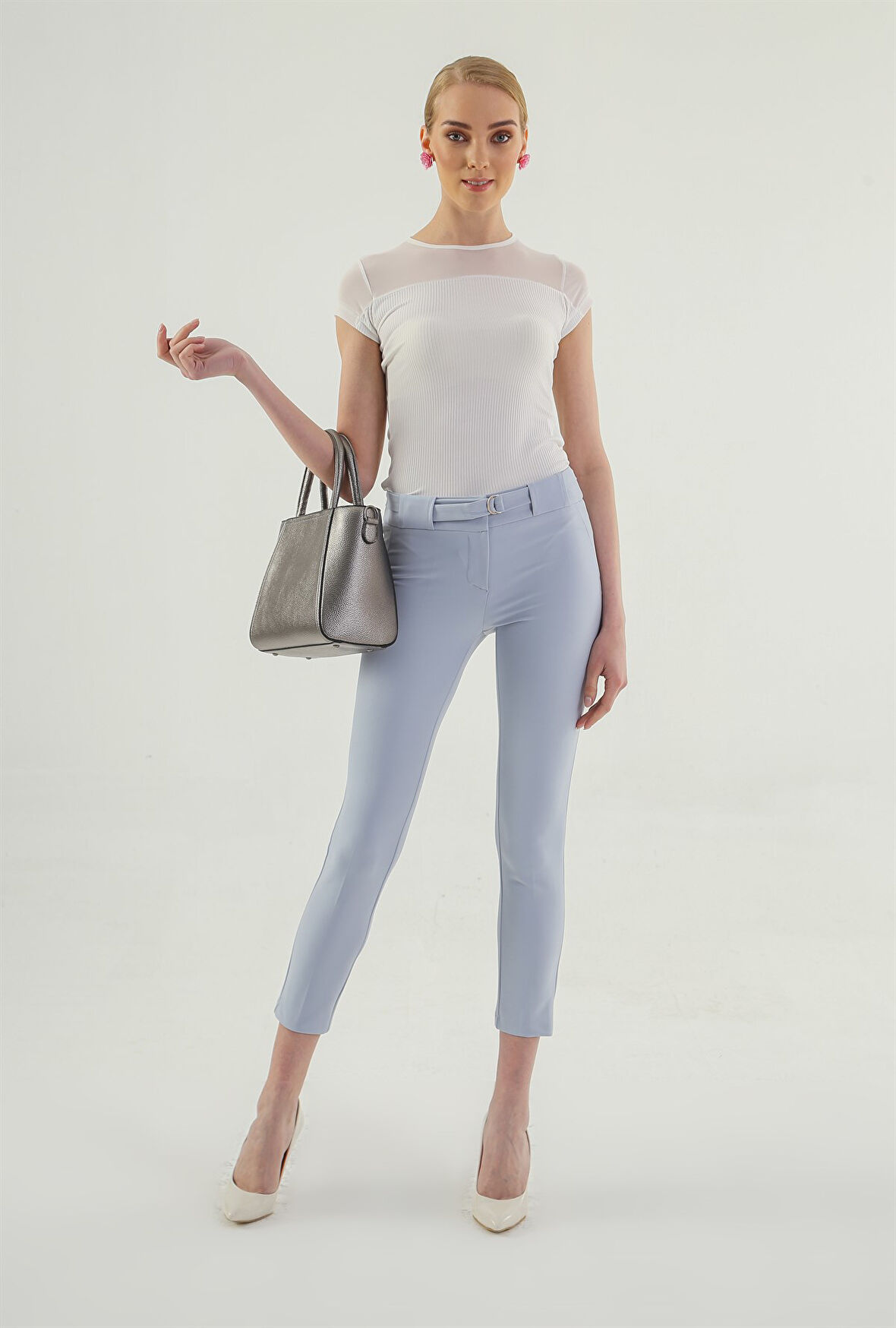 Kalın Kemerli D Tokalı Likralı Bilek Boy Kumaş Pantolon-Mavi