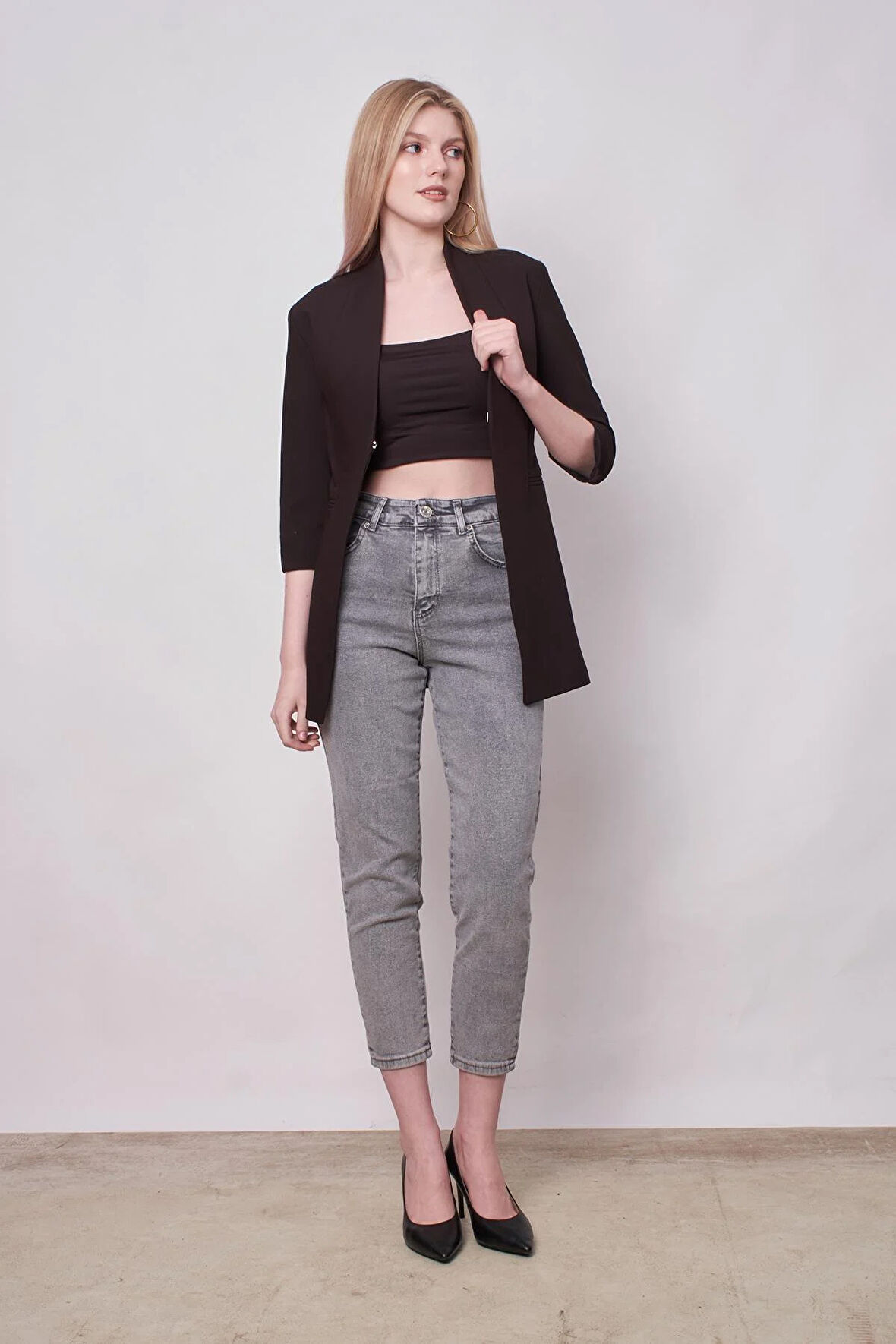 Hakim Yaka Flato Cepli Kolu Yırtmaçlı Uzun Blazer Kumaş Ceket-Siyah