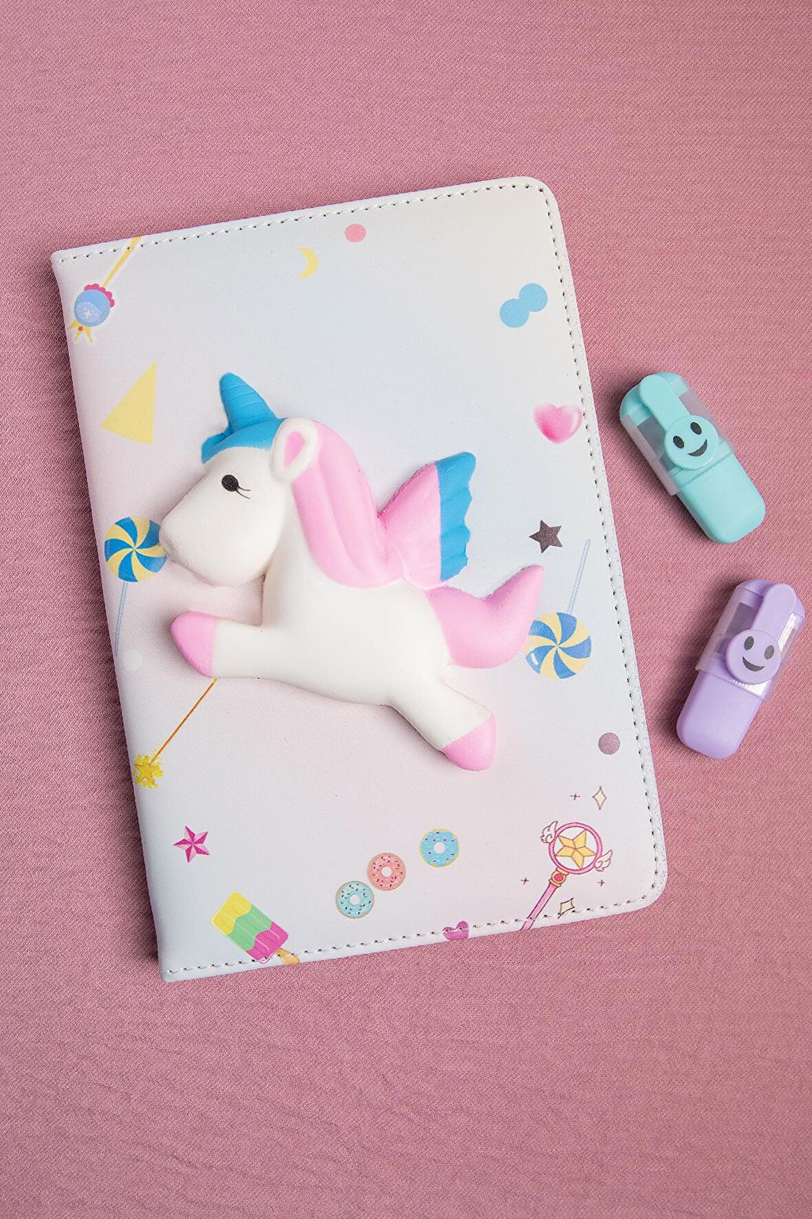 Sevimli Unicorn Atı Squishy Yumuşak Dokulu Çizgili Defter 