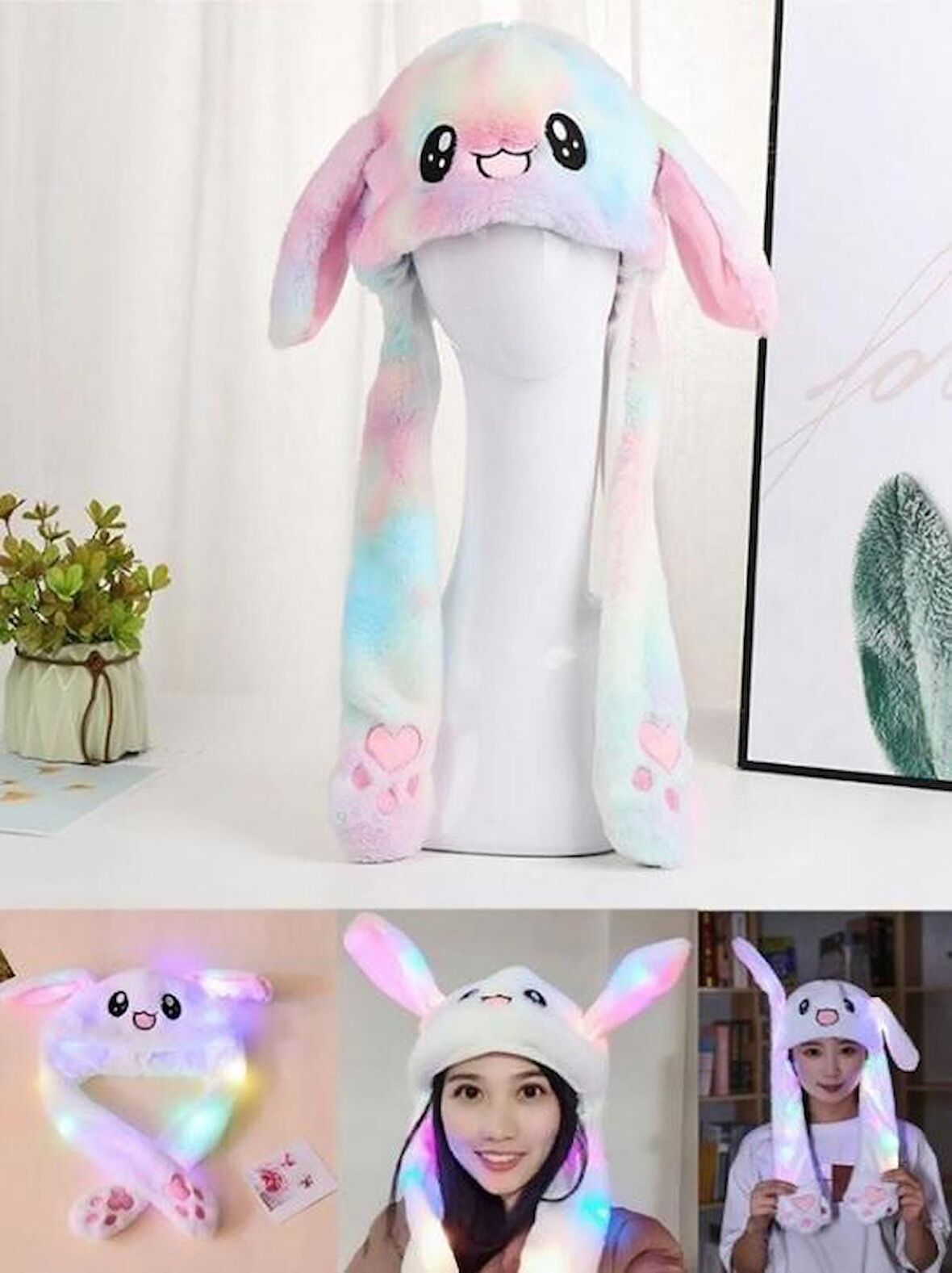 Işıklı Oynar Kulaklı Peluş Kawaii Figürlü Şapka Rainbow Rengarenk