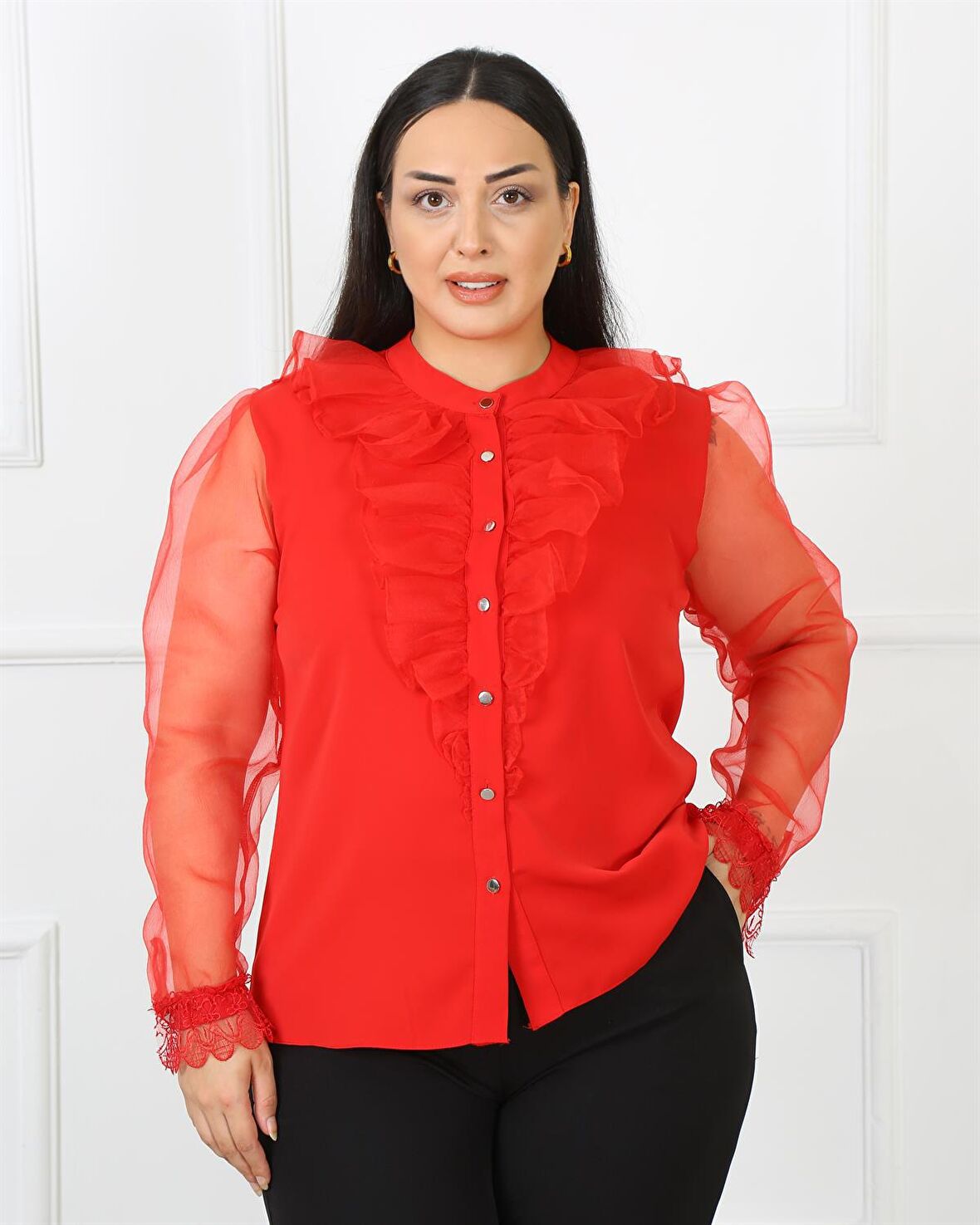 Kolları Tül Dantel Detaylı Jessica Kumaş  Kırmızı Bluz