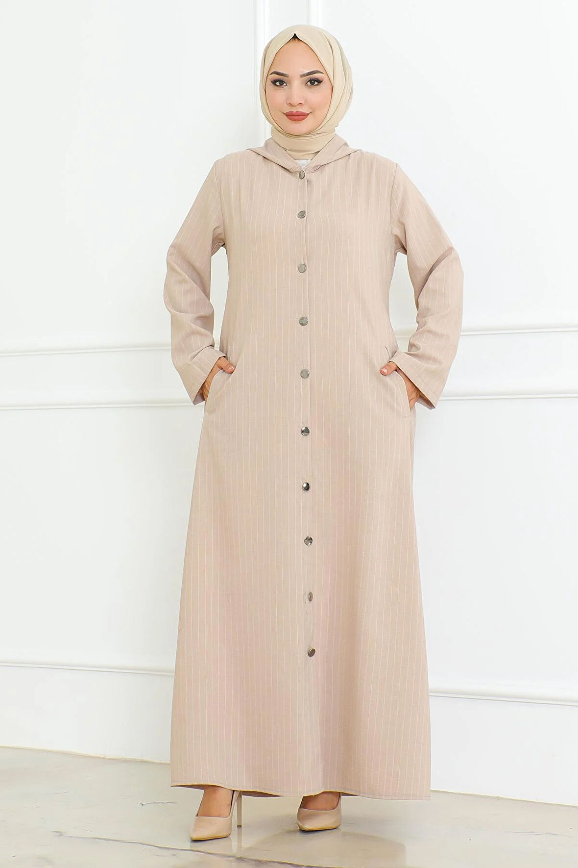 Düğme Detaylı Ahsen Elbise  Bej 4337