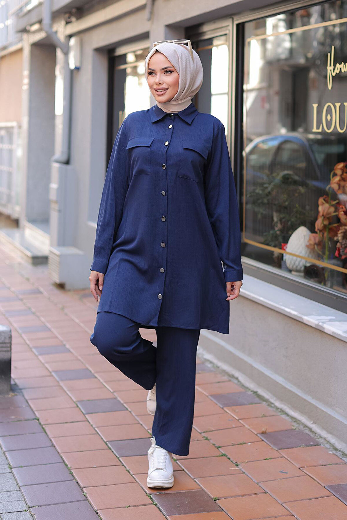 Cep Detaylı Tesettür Lacivert  Takım