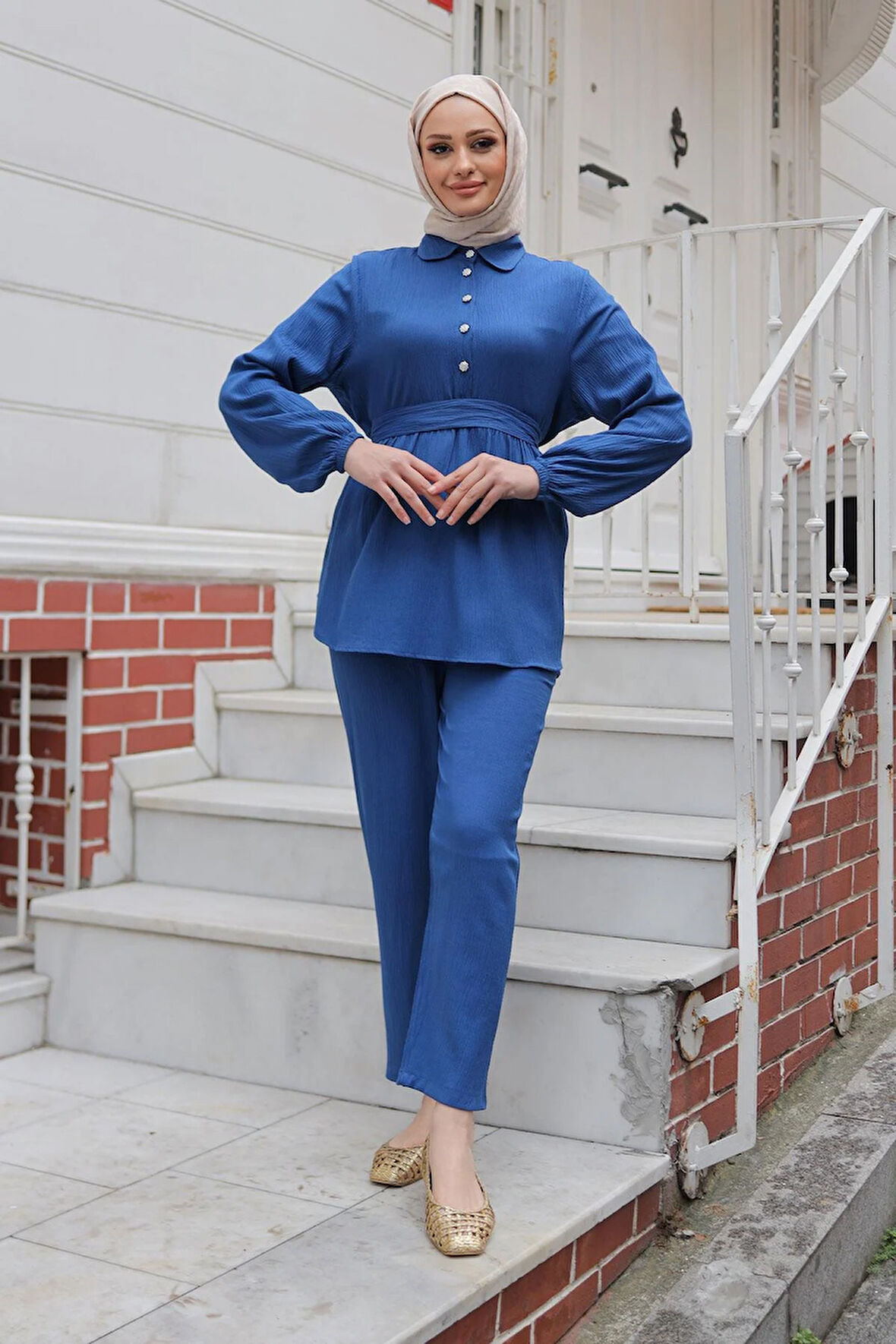 Taş Düğme Detaylı Takım İndigo