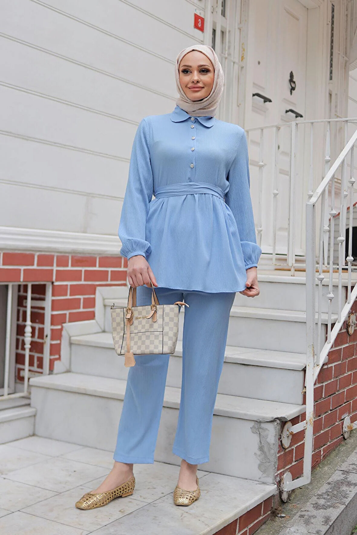 Taş Düğme Detaylı Takım Bebe Mavisi