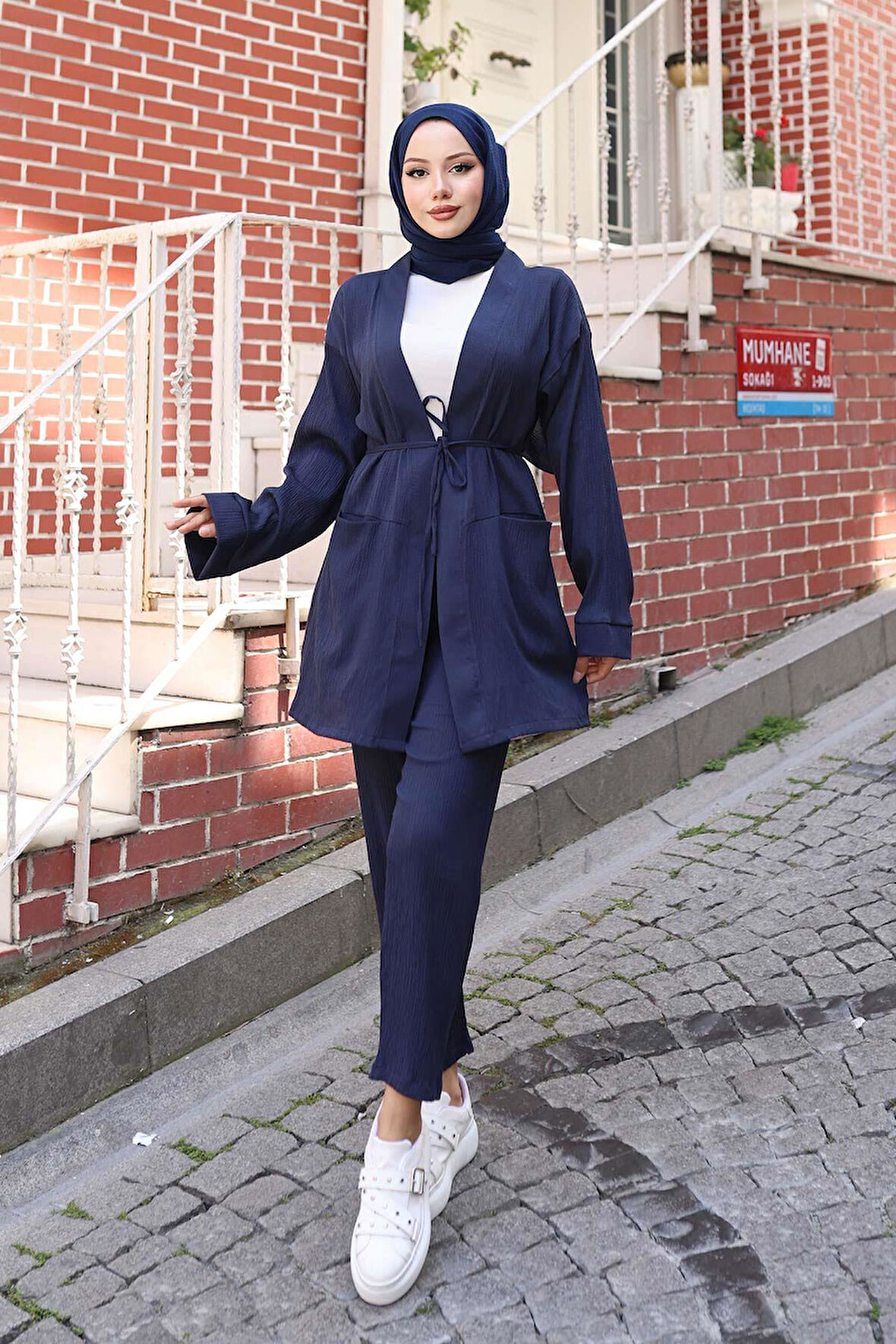 Cep Detaylı Kimono Takım Lacivert