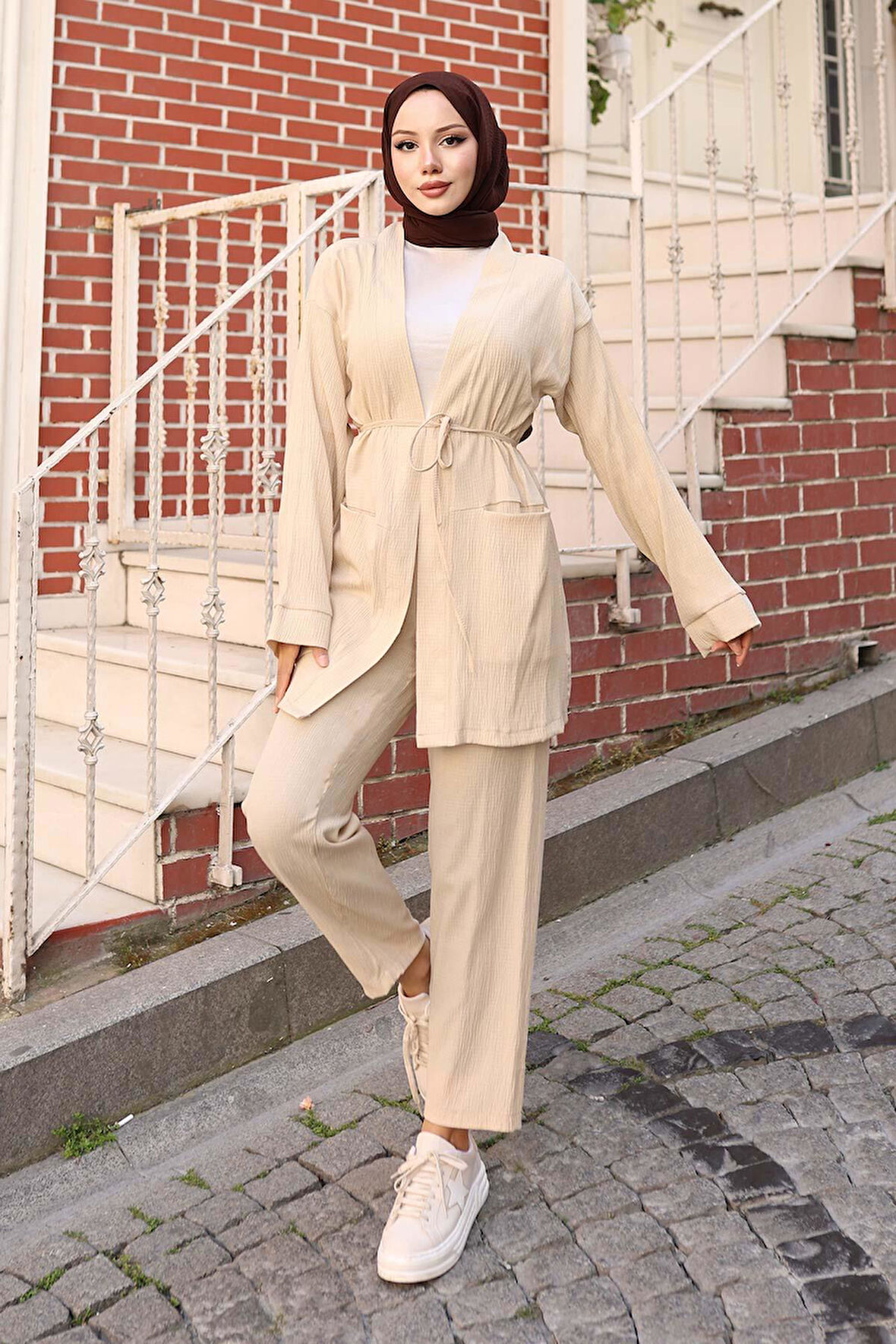 Cep Detaylı Kimono Takım Bej
