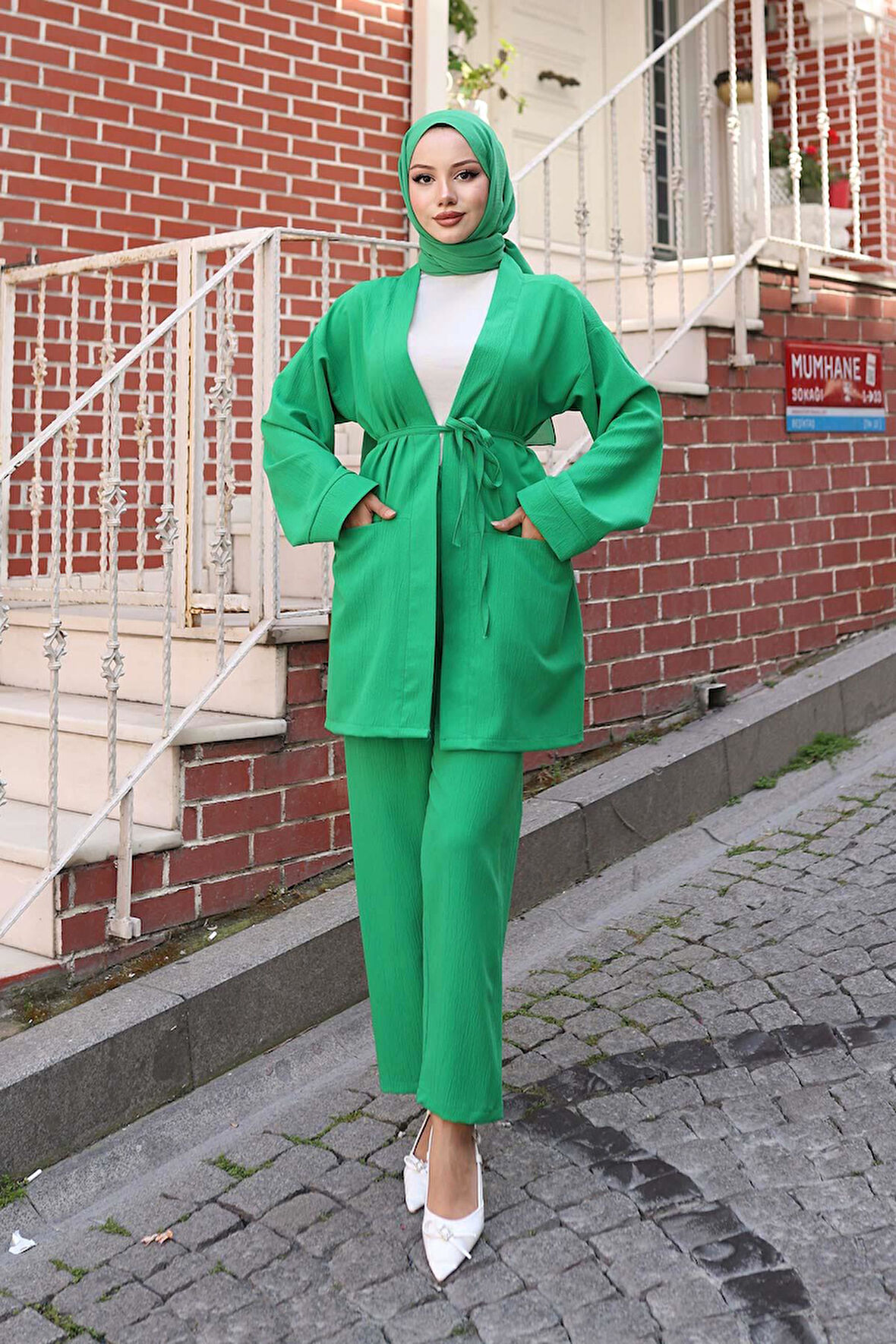 Cep Detaylı Kimono Takım Zümrüt