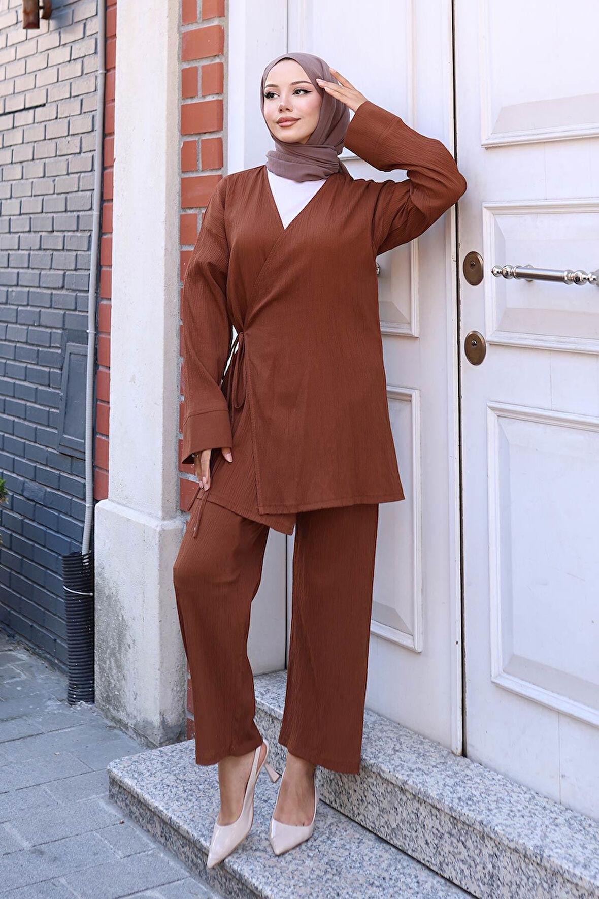 Bağlama Detaylı Kimono Takım Kahverengi