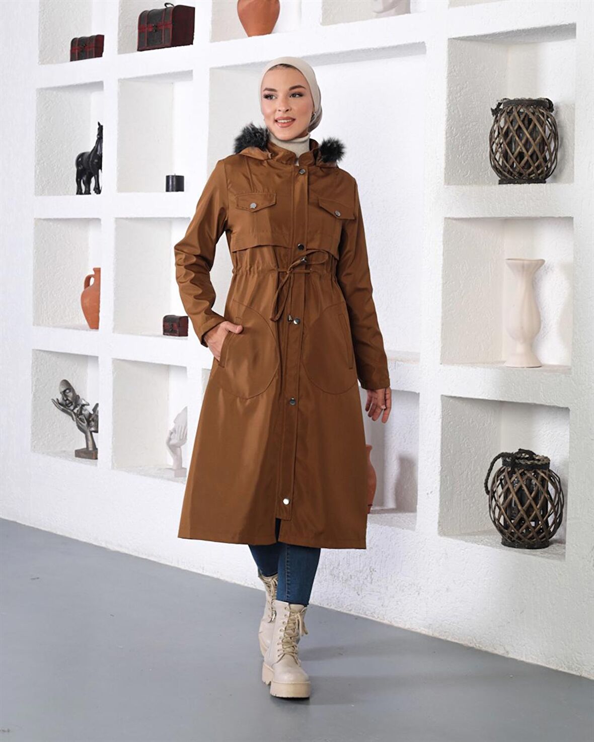 Tünel Detaylı Tesettür Camel Mont 