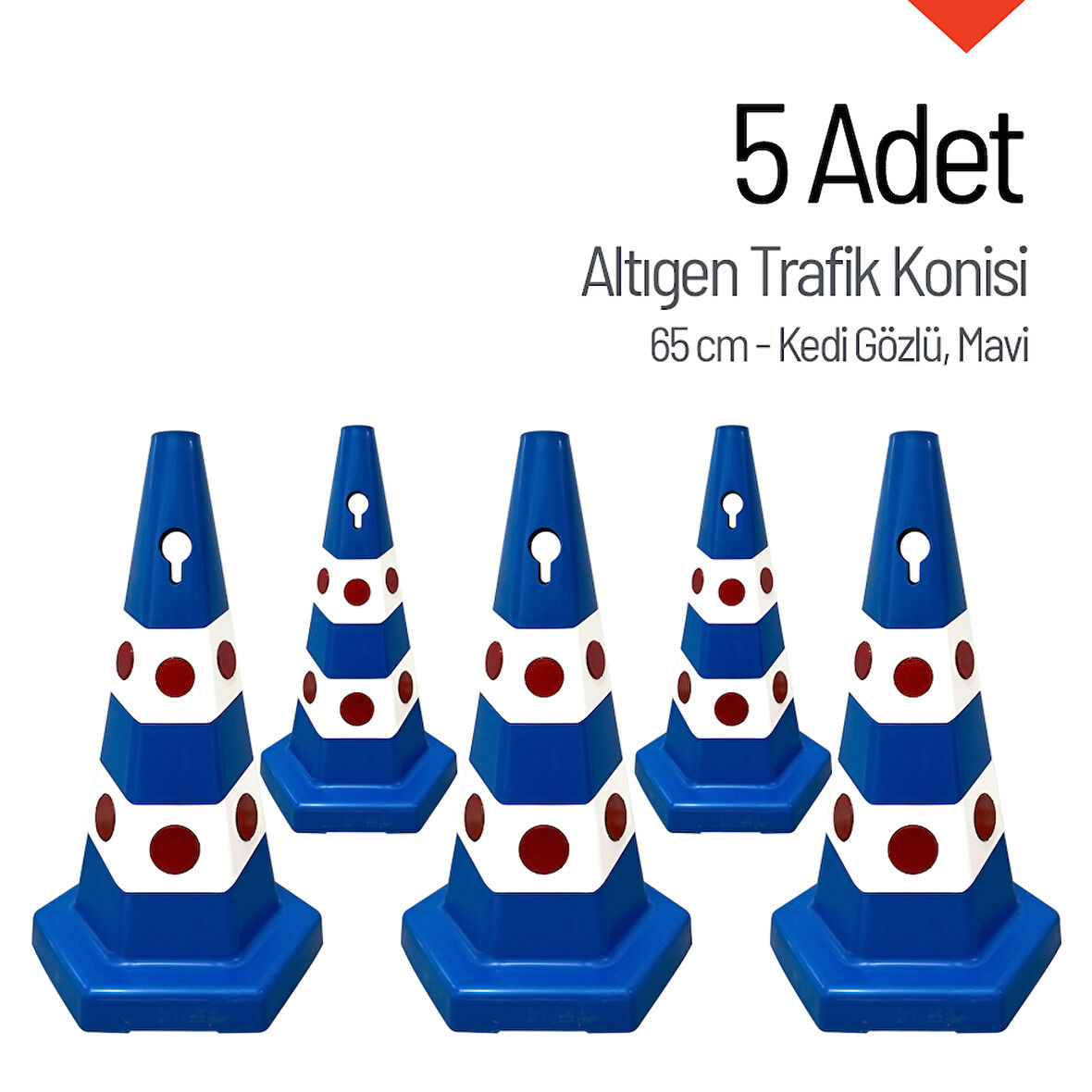 5 Adet Kedi Gözlü Mavi Altıgen Trafik Konisi 65 cm Trafik Dubası Seti