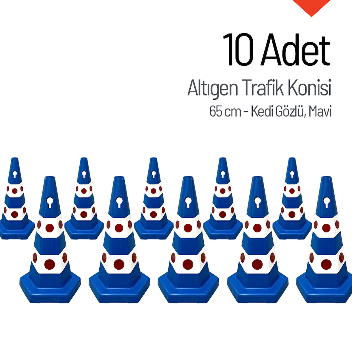 10 Adet Kedi Gözlü Mavi Altıgen Trafik Konisi 65 cm Trafik Dubası Seti