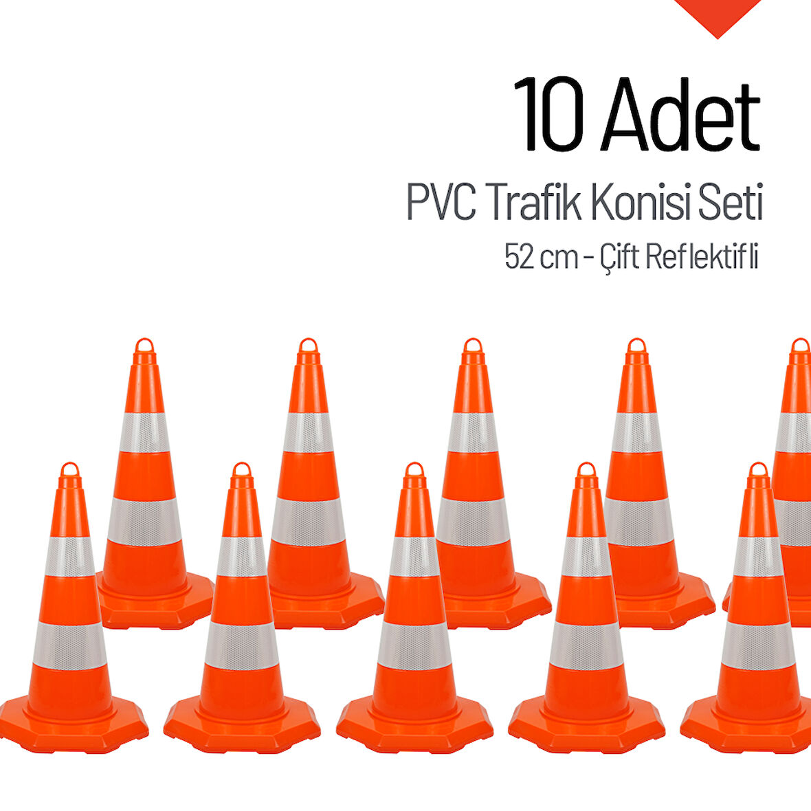 10 Adet PVC Trafik Konisi 52 cm Çift Reflektifli Trafik Dubası Seti