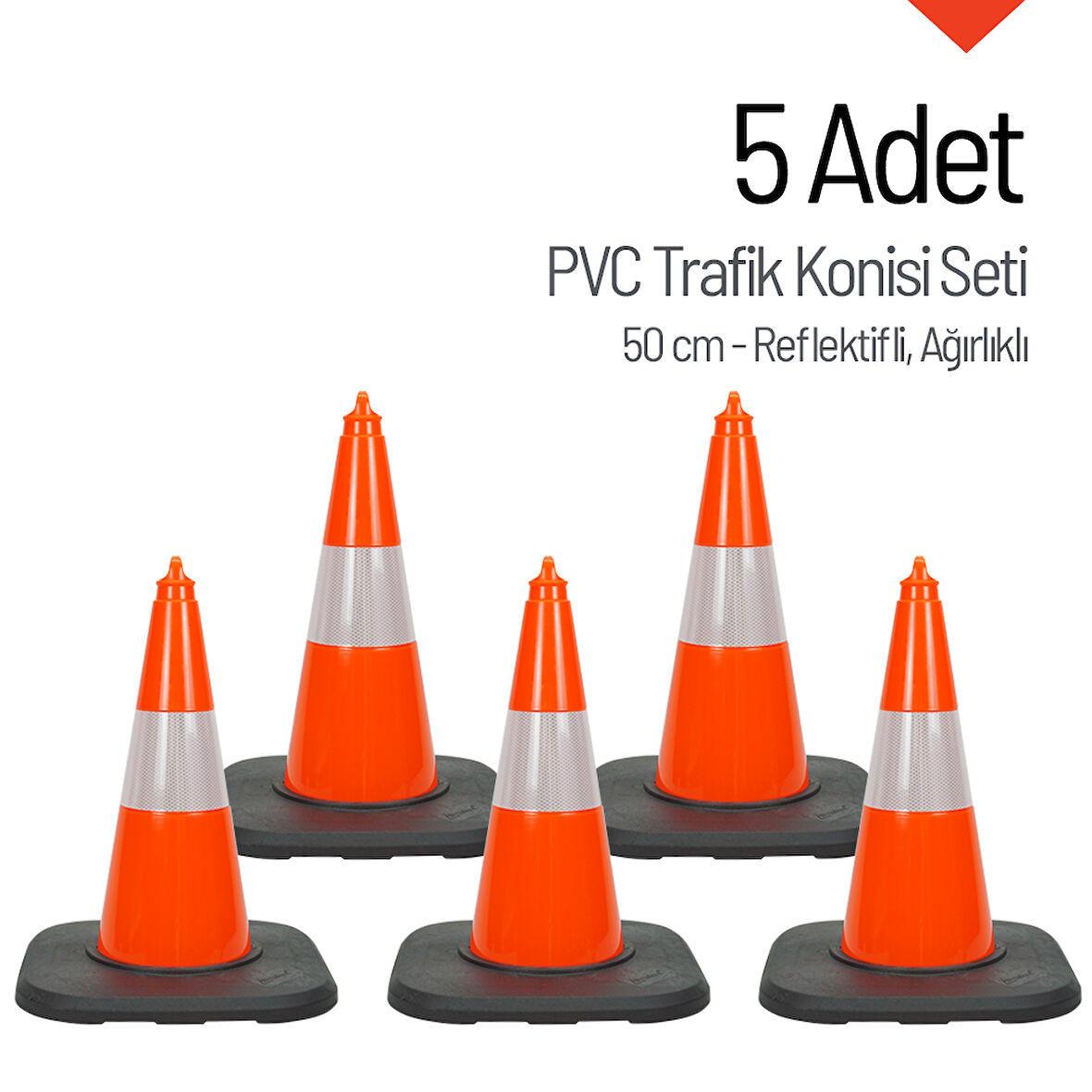 5 Adet PVC Trafik Konisi 50 cm Reflektifli Ağırlıklı Trafik Dubası Seti