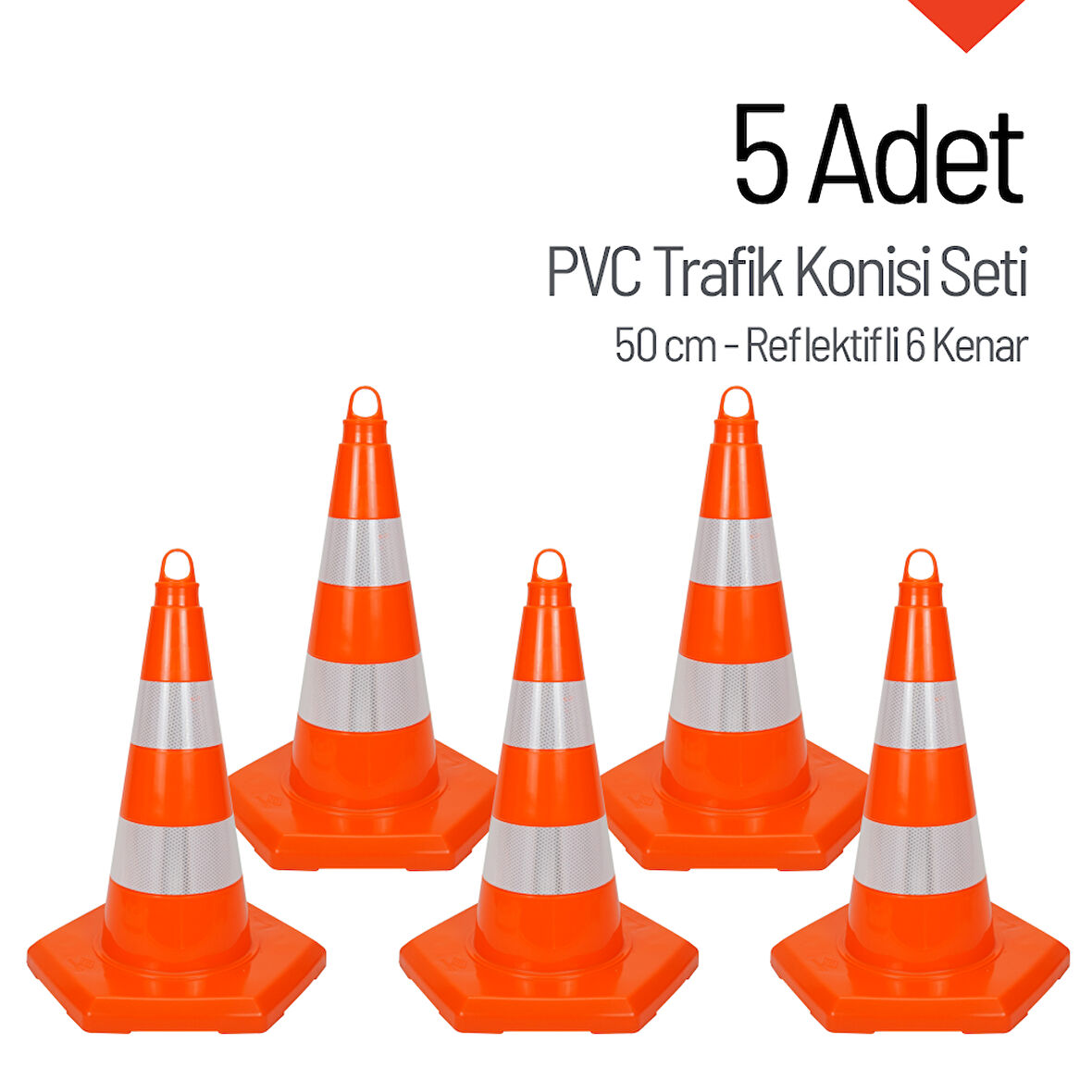 5 Adet PVC Trafik Konisi 50 cm Reflektifli 6 Kenar Trafik Dubası Seti