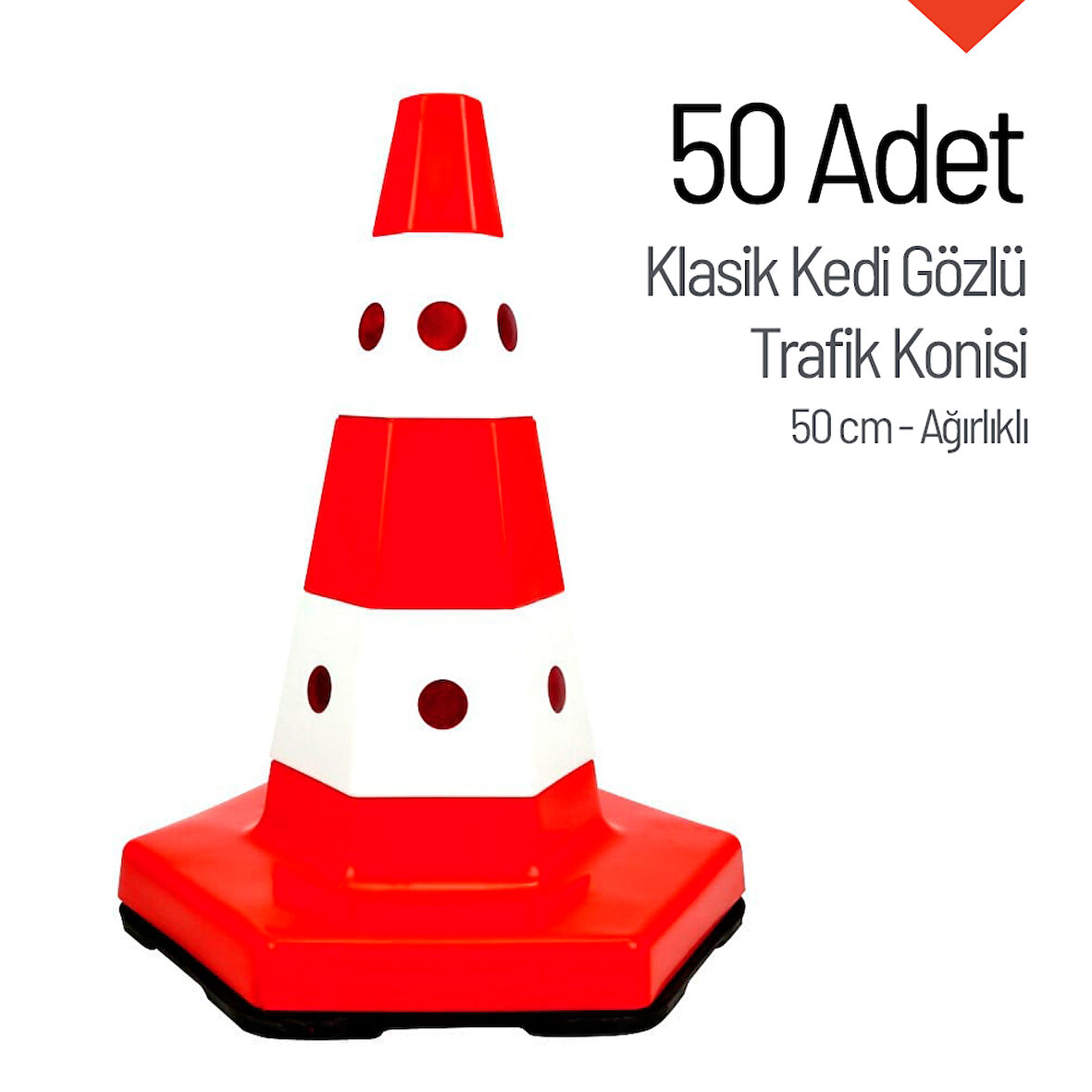 50'li Klasik Kedi Gözlü Trafik Konisi Seti 50 cm Ağırlıklı Trafik Dubası