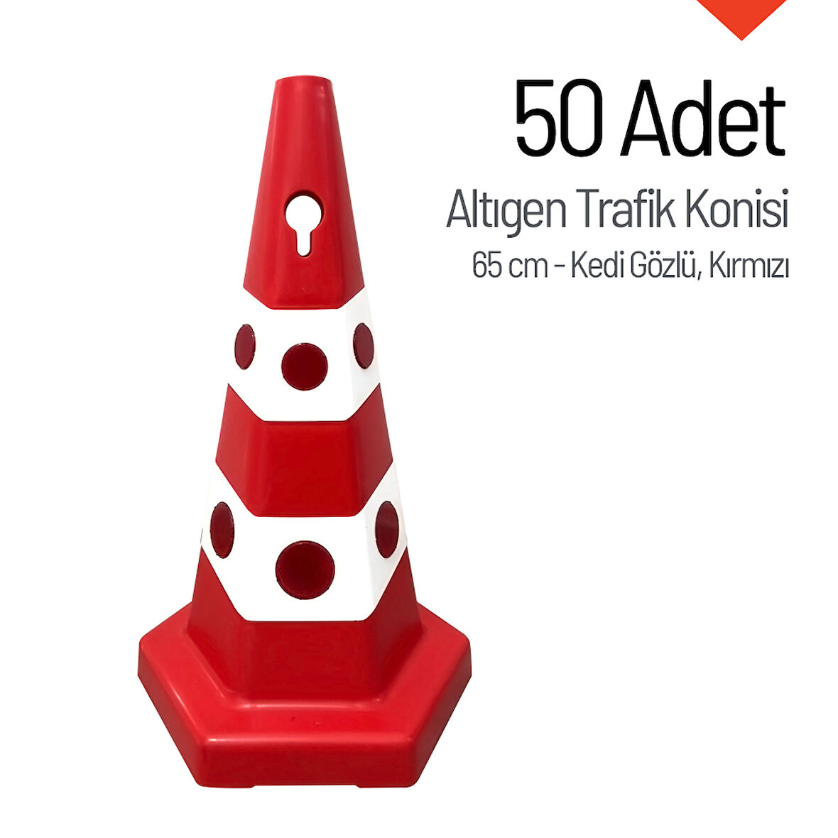 50'li Kedi Gözlü Kırmızı Altıgen Trafik Konisi Seti 65 cm Trafik Dubası