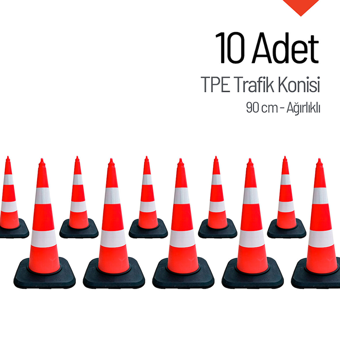 10'lu TPE Trafik Konisi Seti 90 cm Ağırlıklı Çift Reflektifli Trafik Dubası