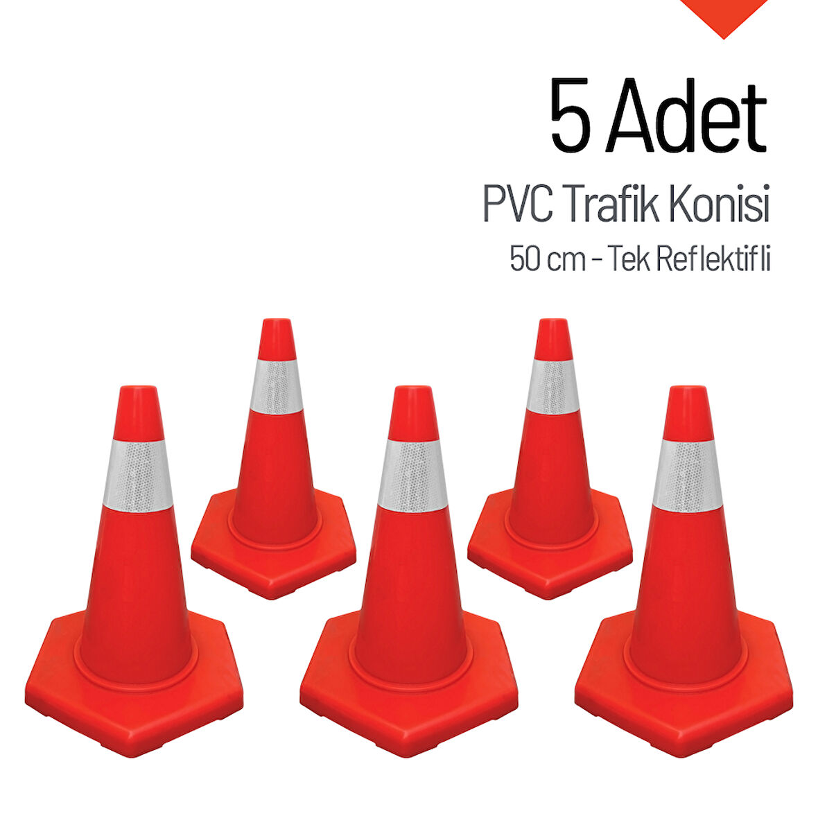5'li PVC Trafik Konisi Seti 50 cm Tek Reflektifli Trafik Dubası