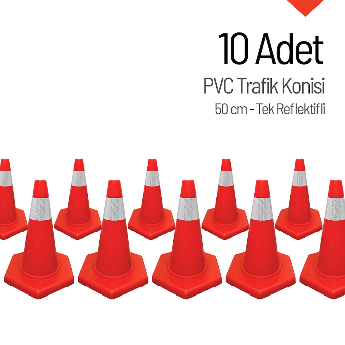 10'lu PVC Trafik Konisi Seti 50 cm Tek Reflektifli Trafik Dubası