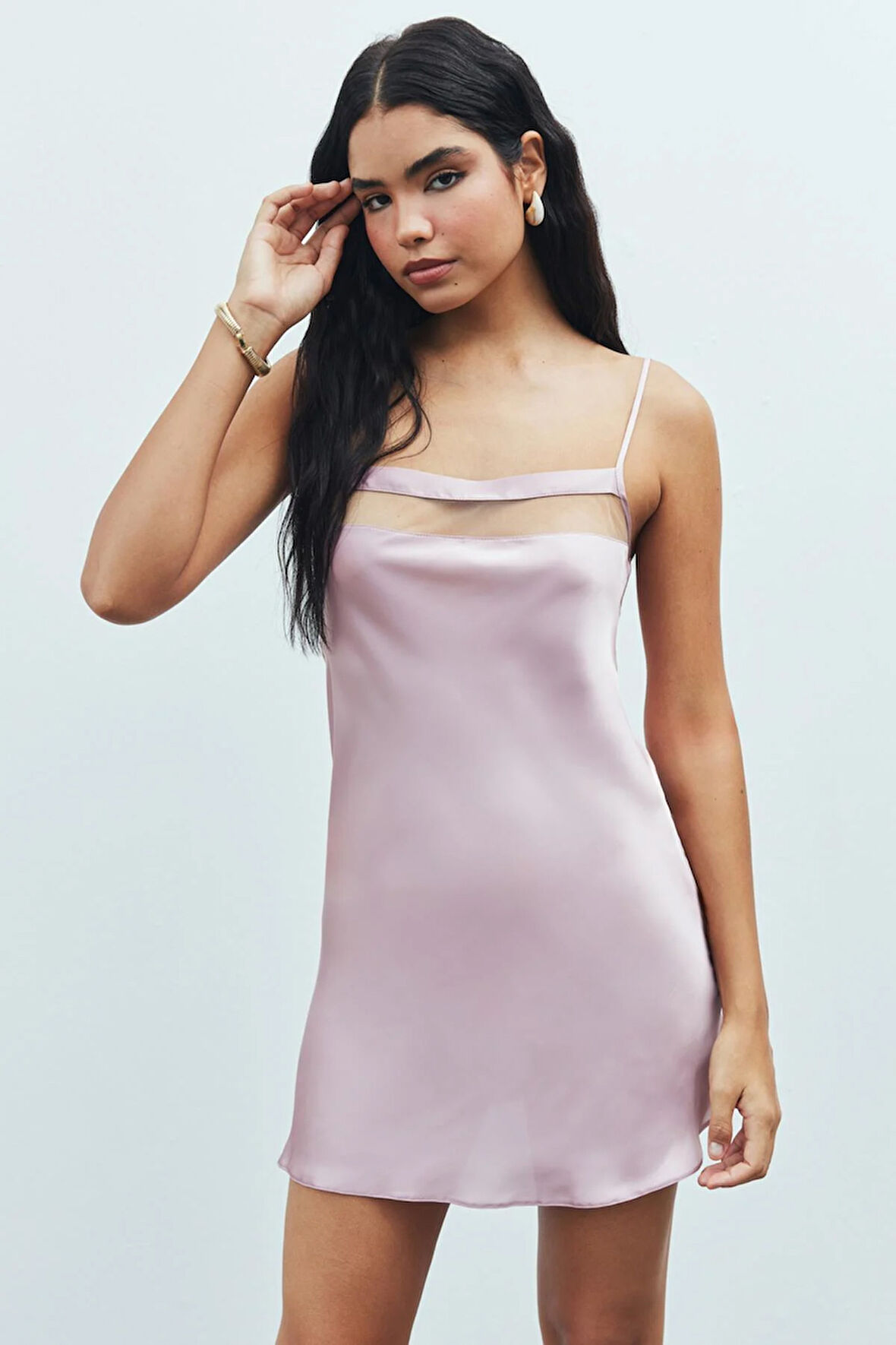 Aveugle Tül Detaylı Gül Kurusu Askılı Kısa Saten Gecelik