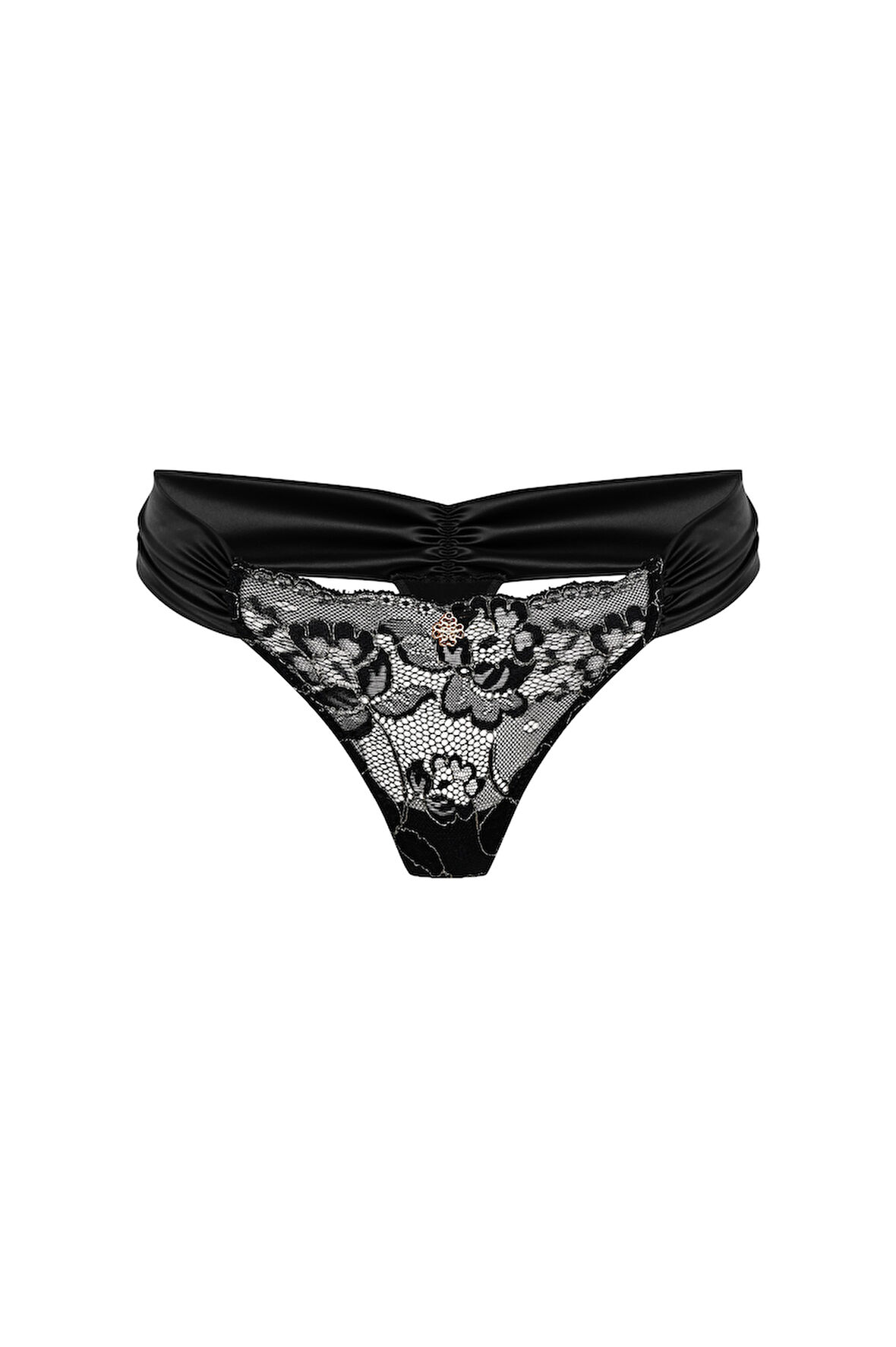 Camile Siyah Saten Büzgülü Dantelli Tanga