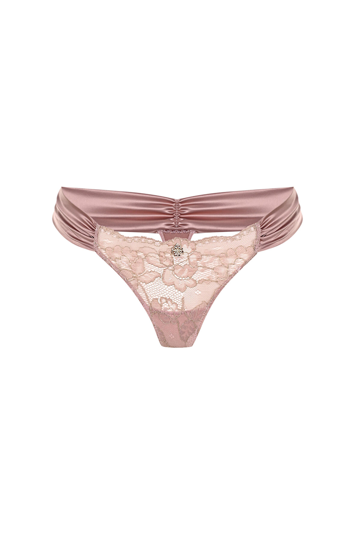 Camile Gül Kurusu Saten Büzgülü Dantelli Tanga