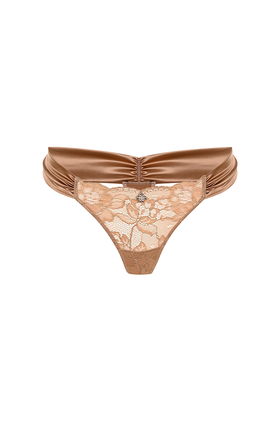 Camile Kahve Saten Büzgülü Dantelli Tanga