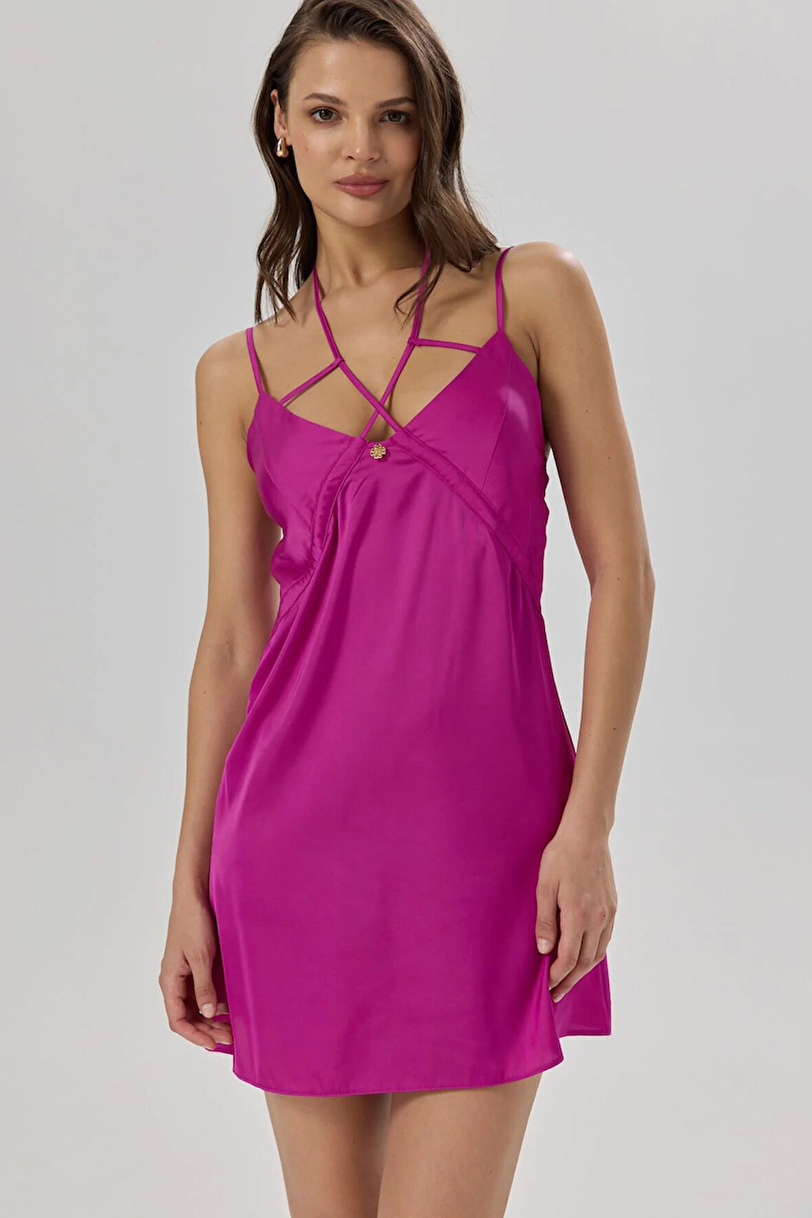 Addria Fuşya Askılı Kısa Saten Gecelik